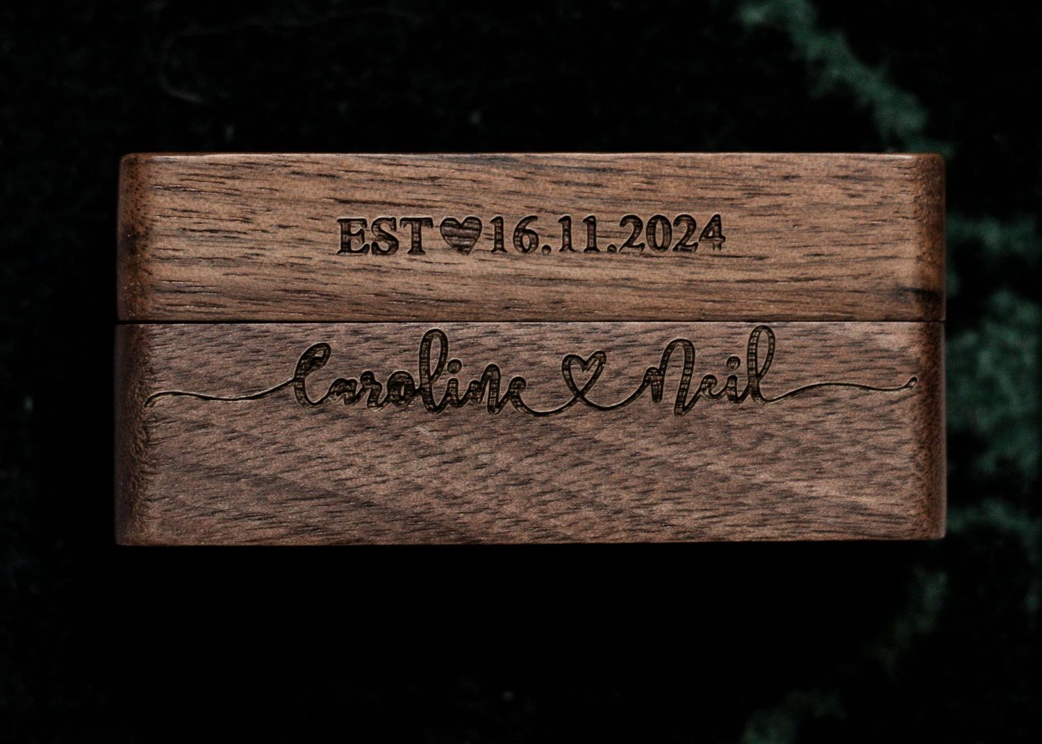 Rustic wooden sign with engraved wedding date EST 16.11.2024.