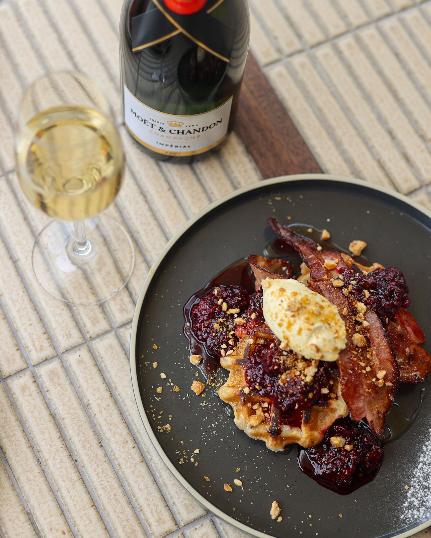 Bacon waffles and Moet Champagne at Aikmans Merivale