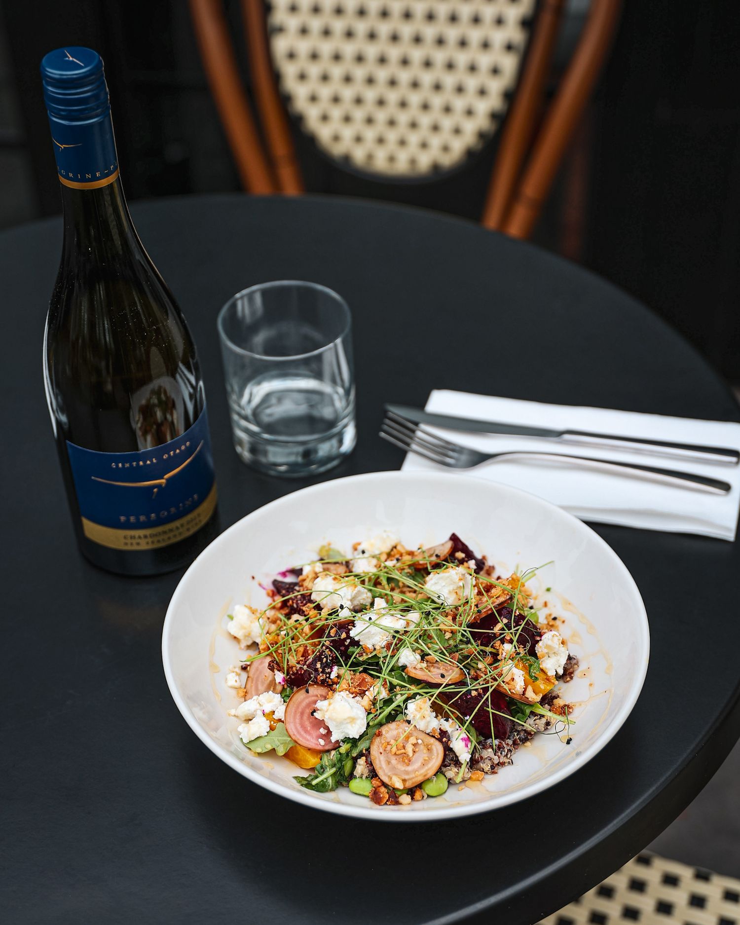 Autumnal salad with a bottle of Peregrine, New Zealand Chardonnay at Brigittes Merivale