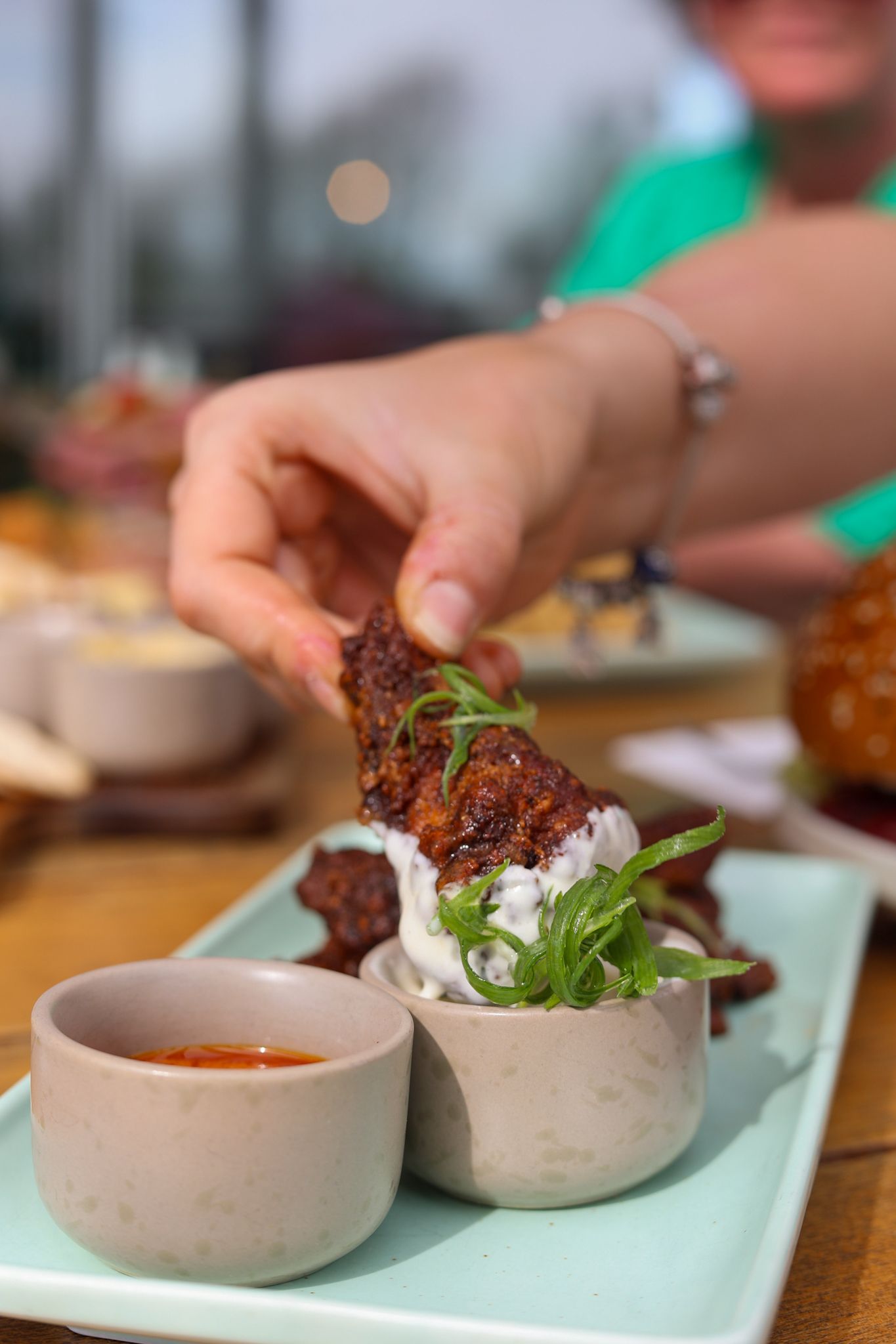 Fried chicken dipped in aioli at Thirsty Acres, Kirwee