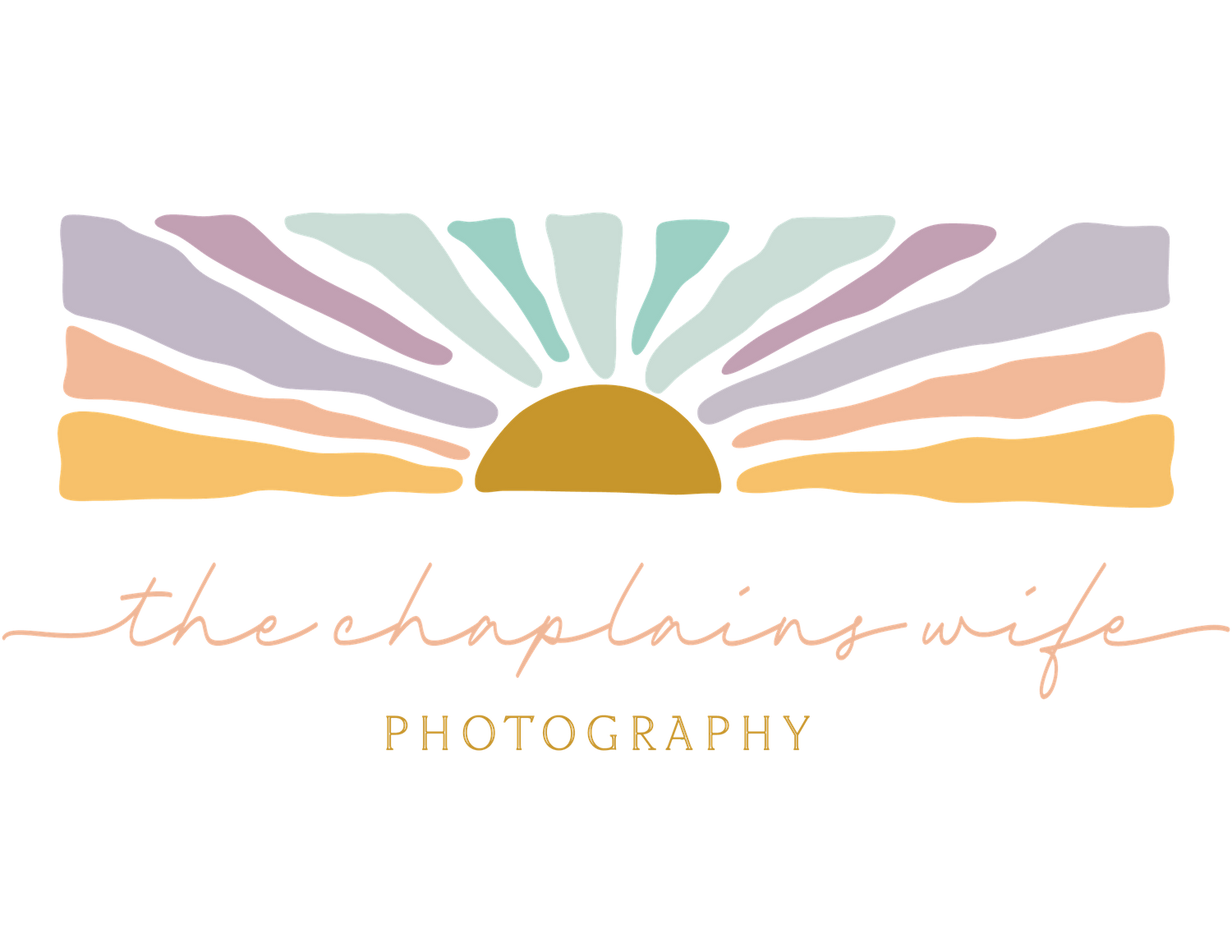 Retro style photography logo with pastel colored sun rays and handwritten text in warm tones.