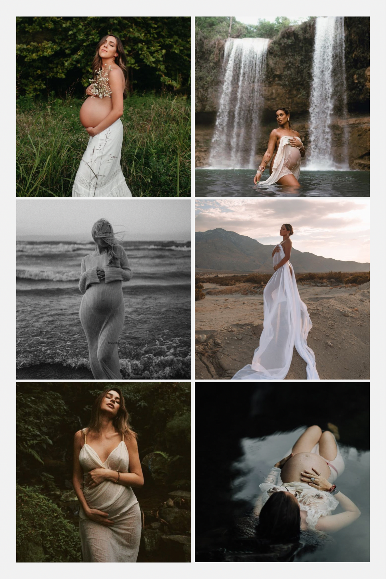 A collection of artistic maternity photos featuring a flowing white dress and cascading waterfall backdrop.