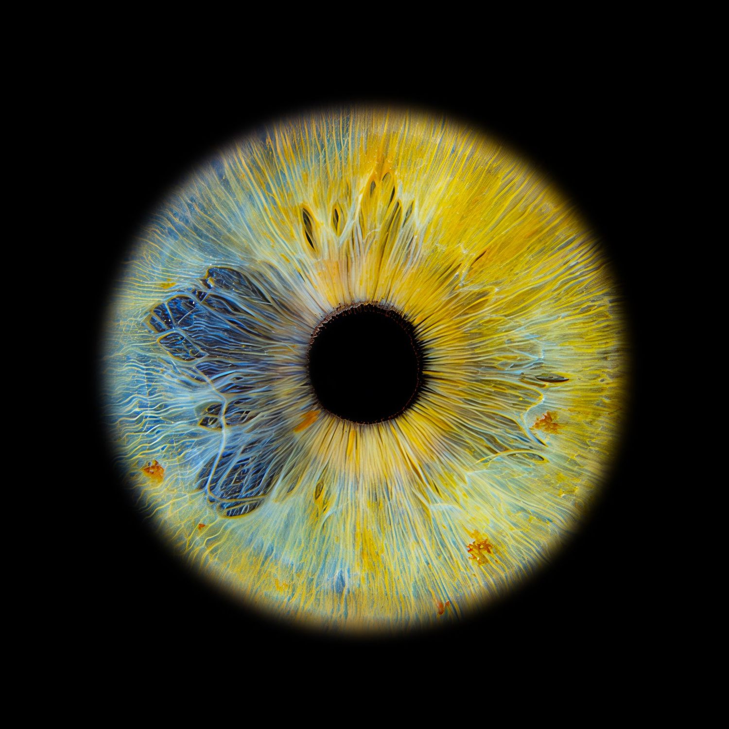 Close-up macro photograph of a human eye iris with stunning yellow and blue patterns on black background.