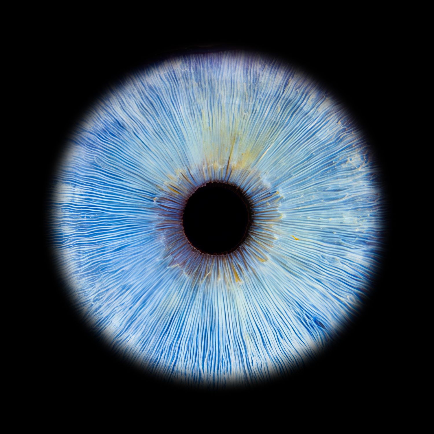 Close-up macro photograph of a striking blue human iris with detailed fiber textures and dark pupil on black background.