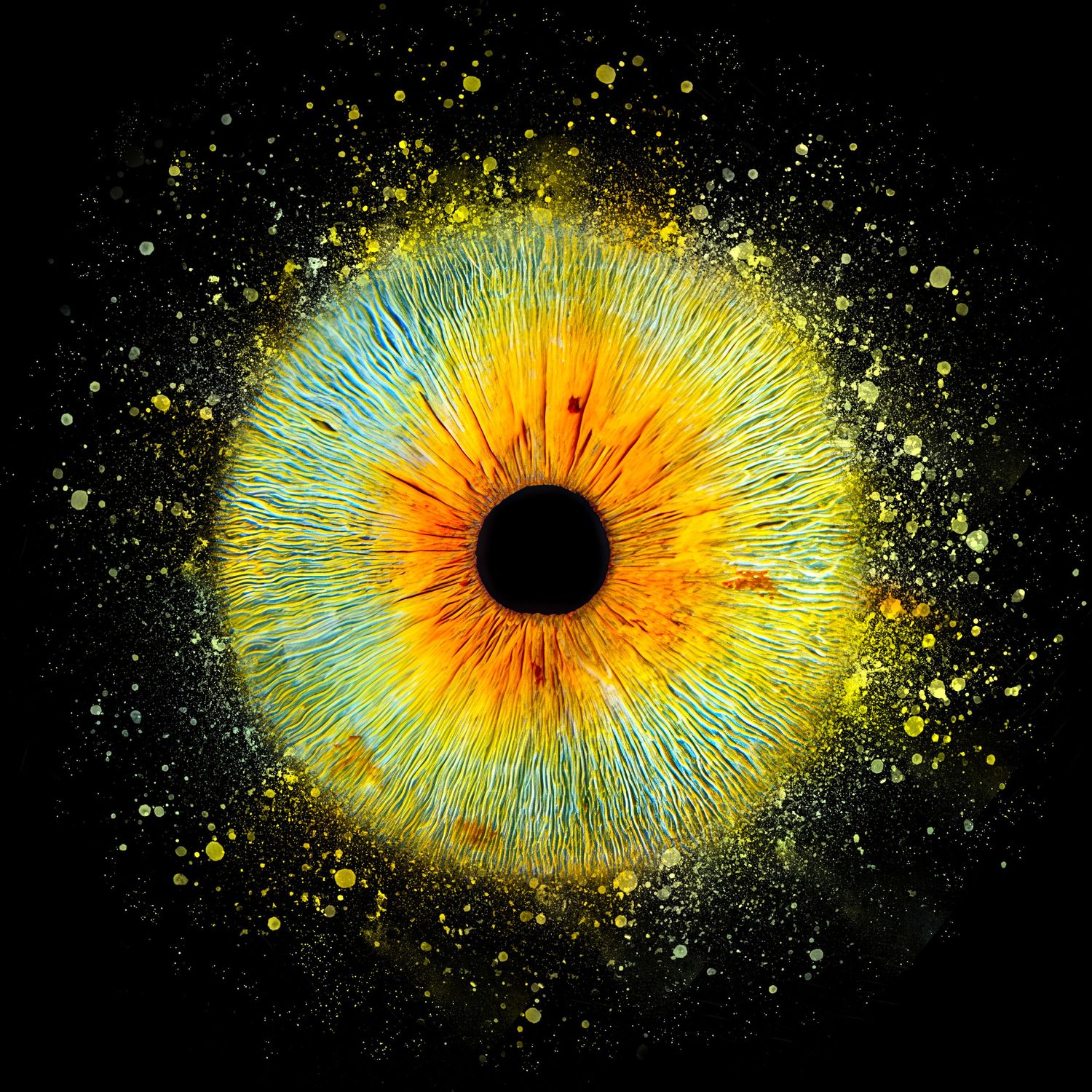Vibrant macro photo of a human eye with golden yellow iris, radiating blue streaks, and colorful paint splatter on black background.