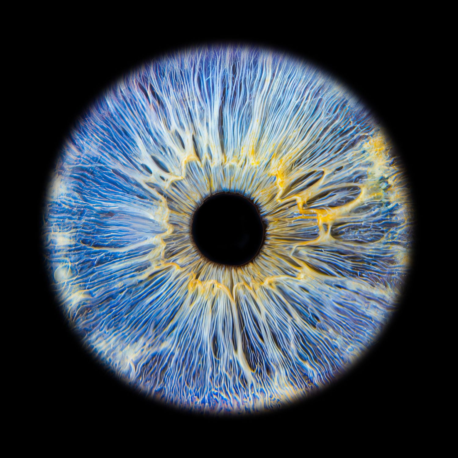 Close-up macro photograph of a stunning blue human iris with yellow accents and intricate fiber-like patterns on black background.