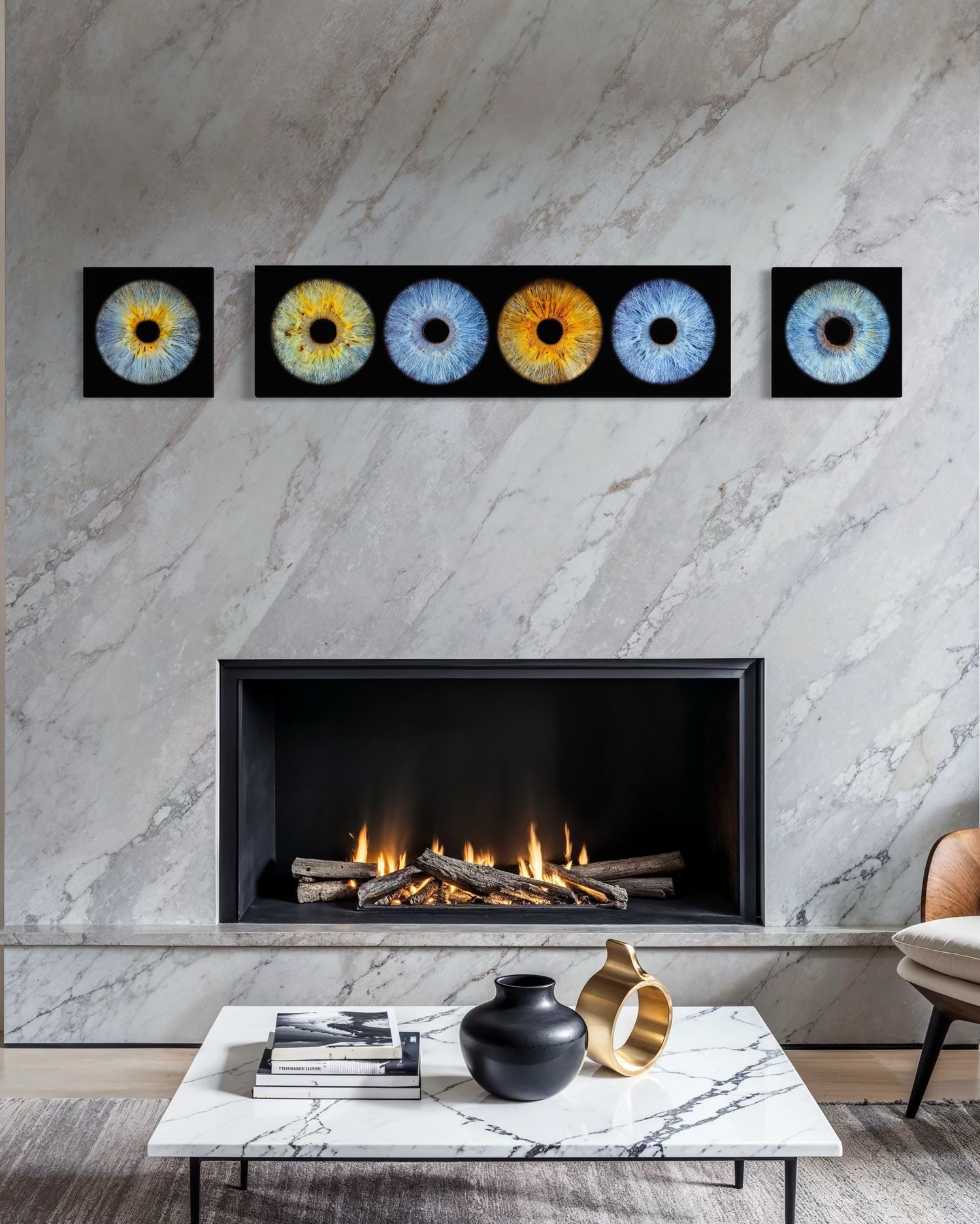Modern living room with marble fireplace and five framed eye iris artwork panels displayed above it.