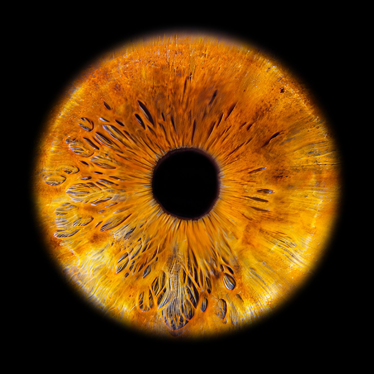 Close-up macro photo of a stunning amber and gold human iris with intricate patterns surrounding a dark pupil.