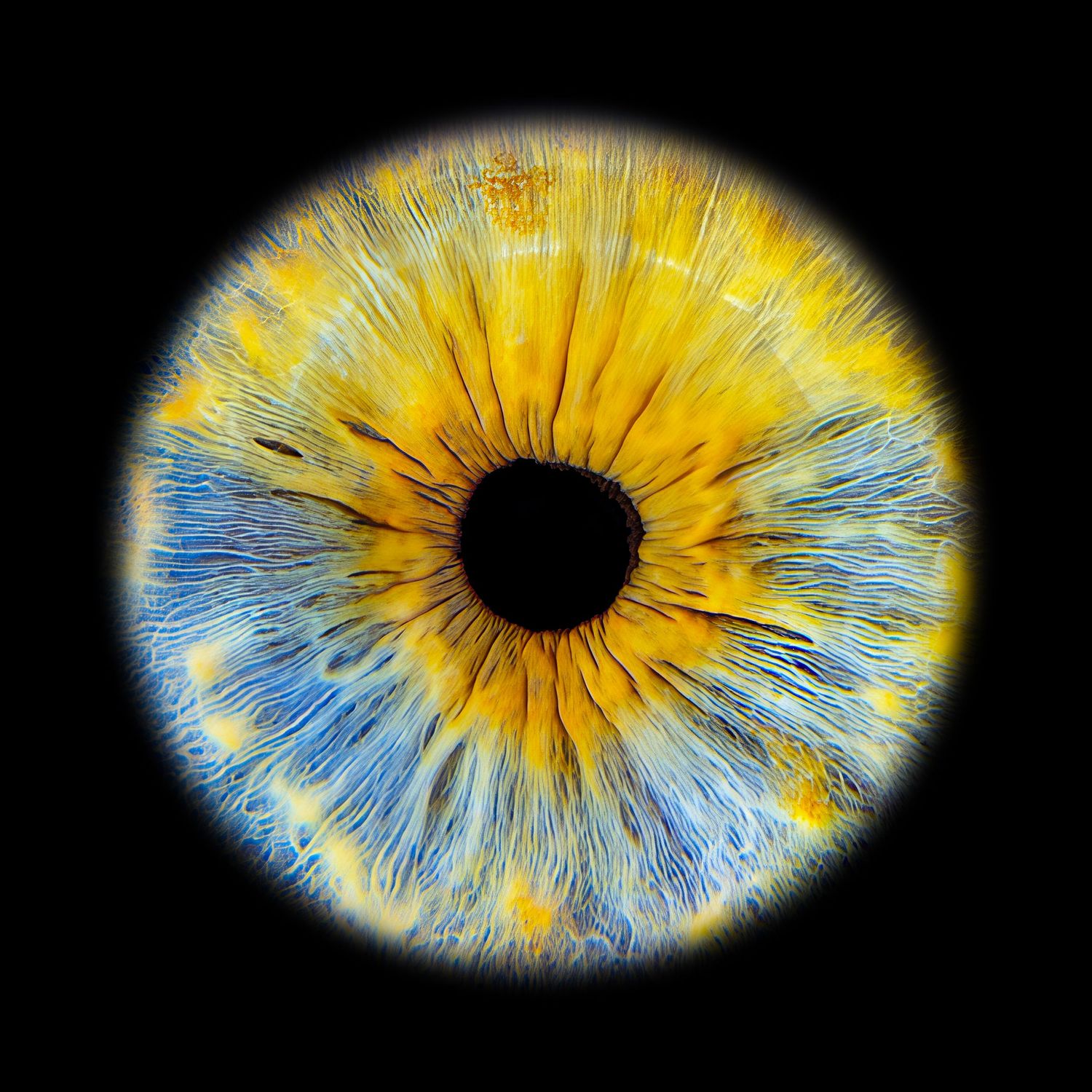 Close-up macro photograph of a human eye with striking yellow and blue iris on black background.