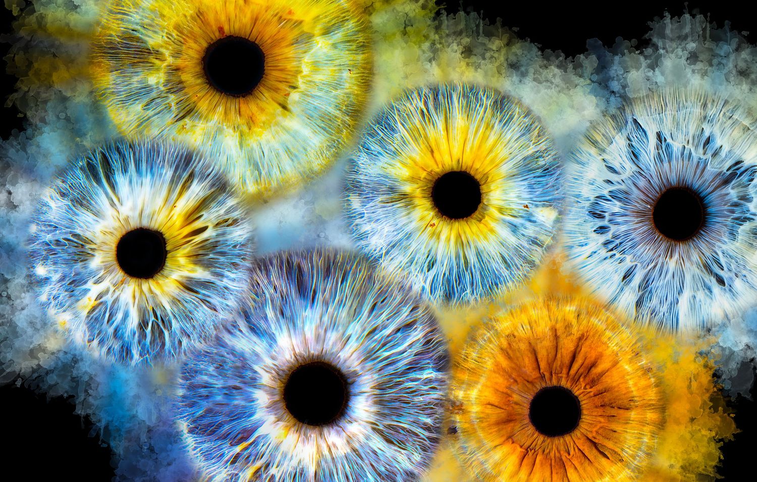 Close-up of multiple human eyes with blue and yellow irises on dark background, artistic macro photography.