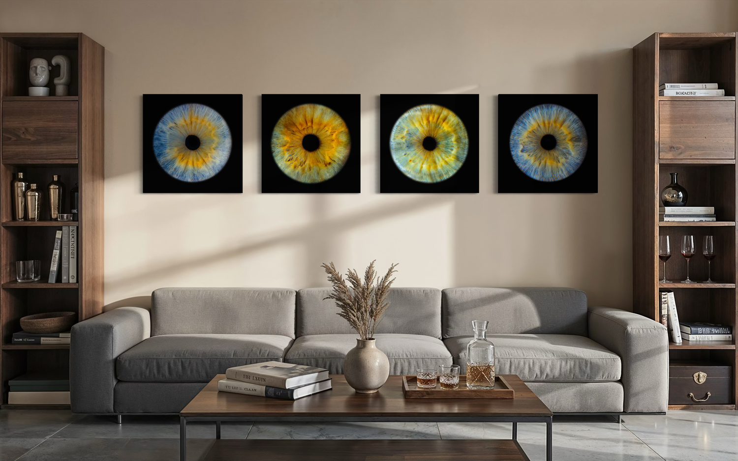 Four vibrant eye iris art prints displayed in a row above a modern sofa in a contemporary living room.