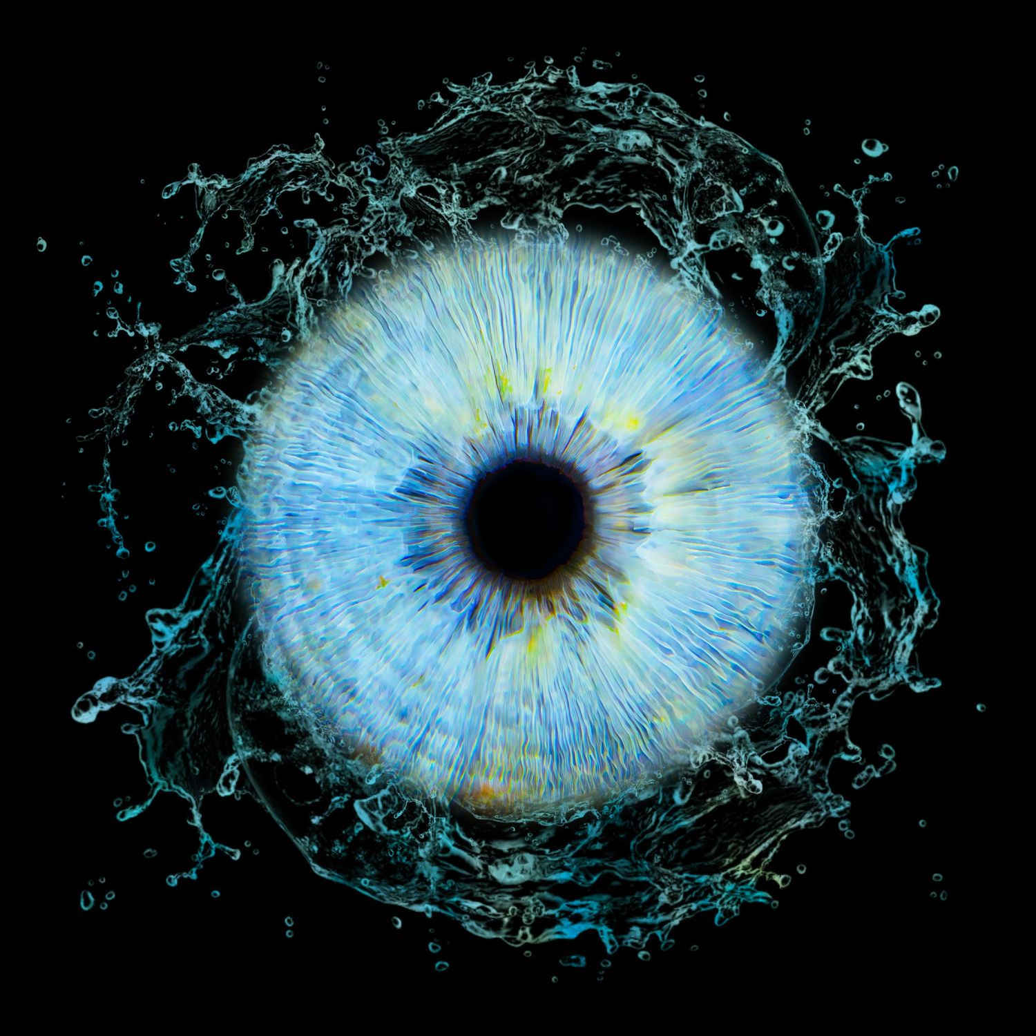 Close-up of a blue human eye surrounded by a dynamic water splash on a black background.