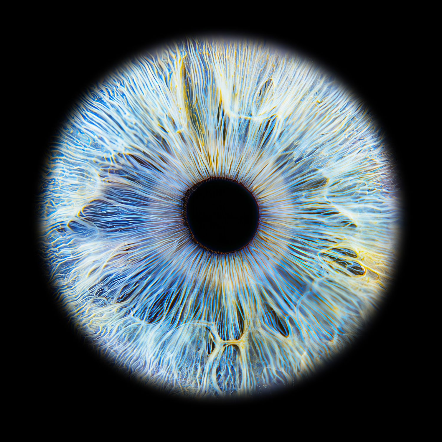 Close-up macro photograph of a striking blue human iris with intricate fiber patterns surrounding a dark pupil on black background.