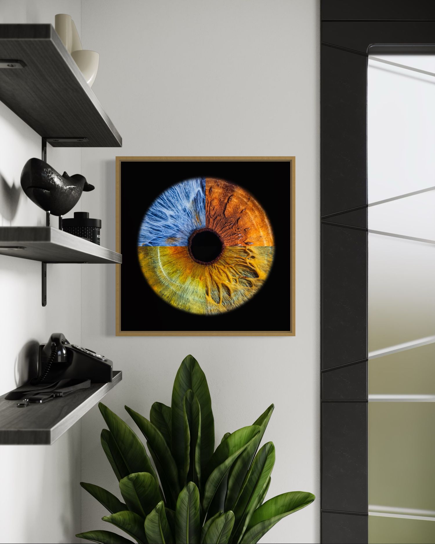 A vibrant circular artwork of an eye iris featuring blue, orange, and yellow segments hangs on a white wall above a potted plant.