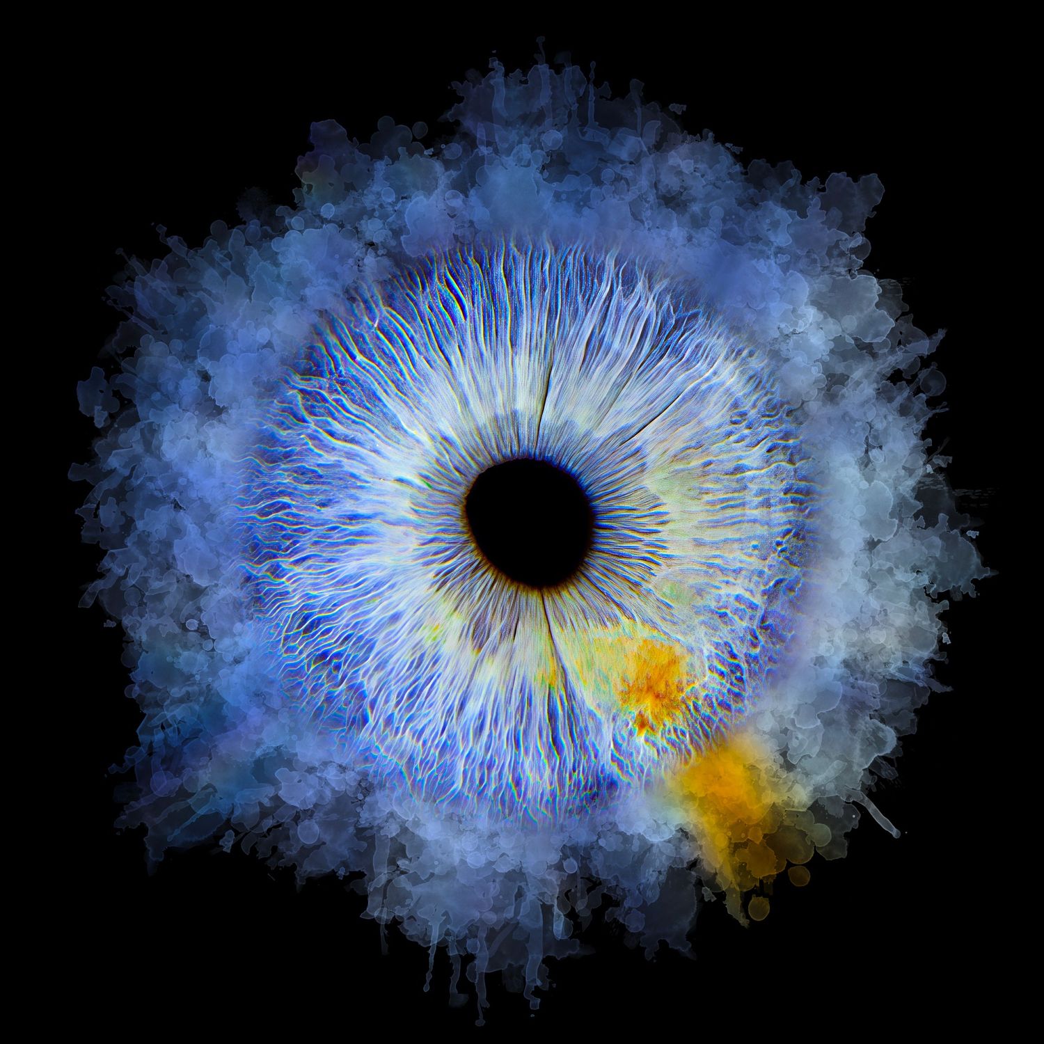 Abstract blue eye iris artwork with watercolor splashes and golden accent on black background.