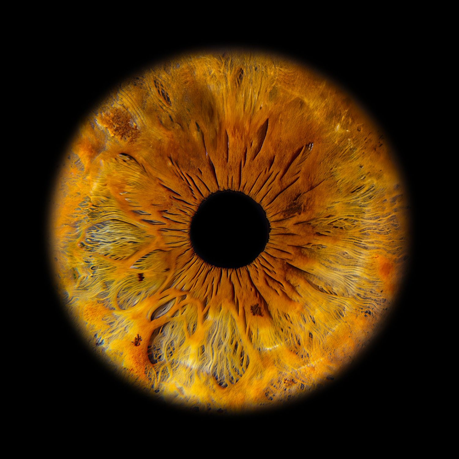 Close-up macro photo of a stunning golden amber human iris with intricate textures and a deep black pupil on dark background.