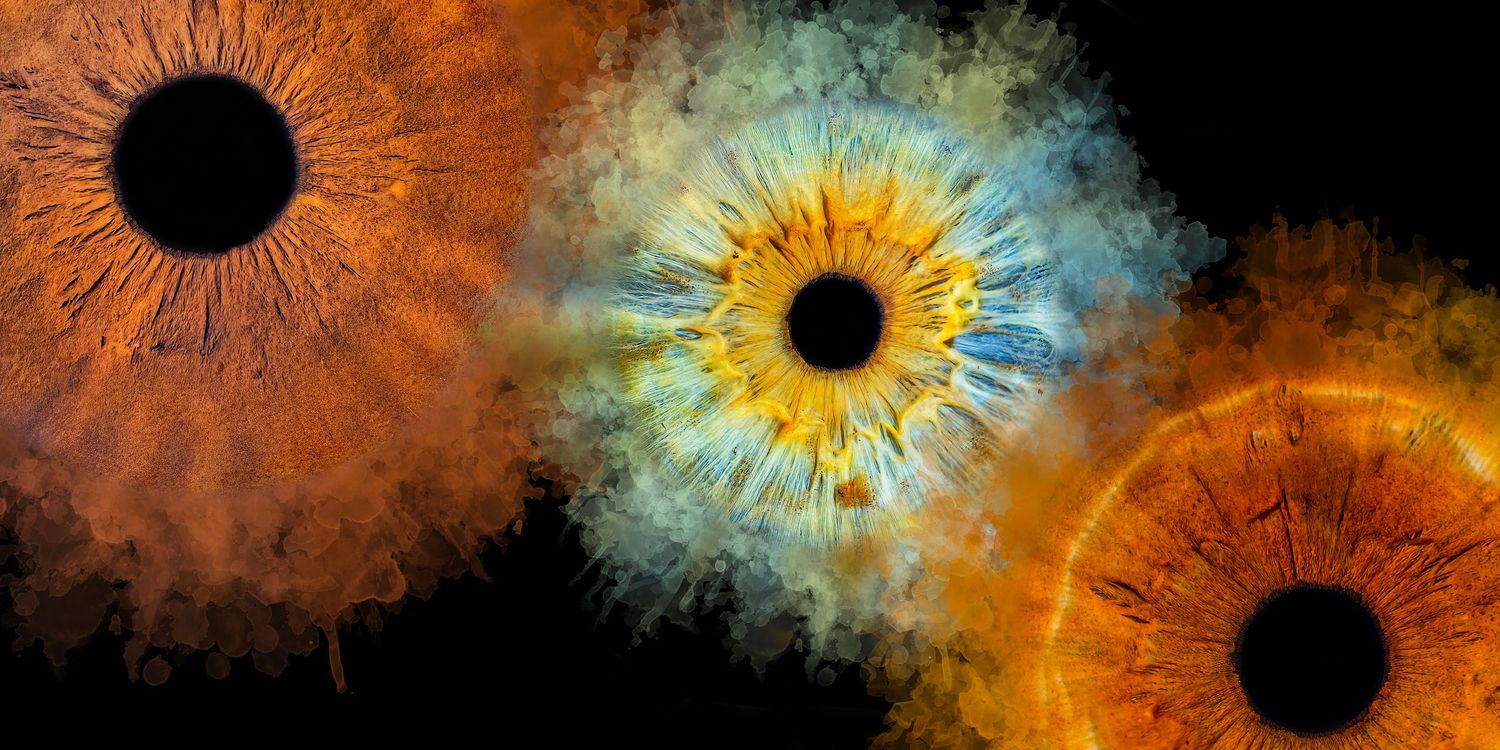 Three iris photographs in orange and yellow tones arranged artistically on black background.