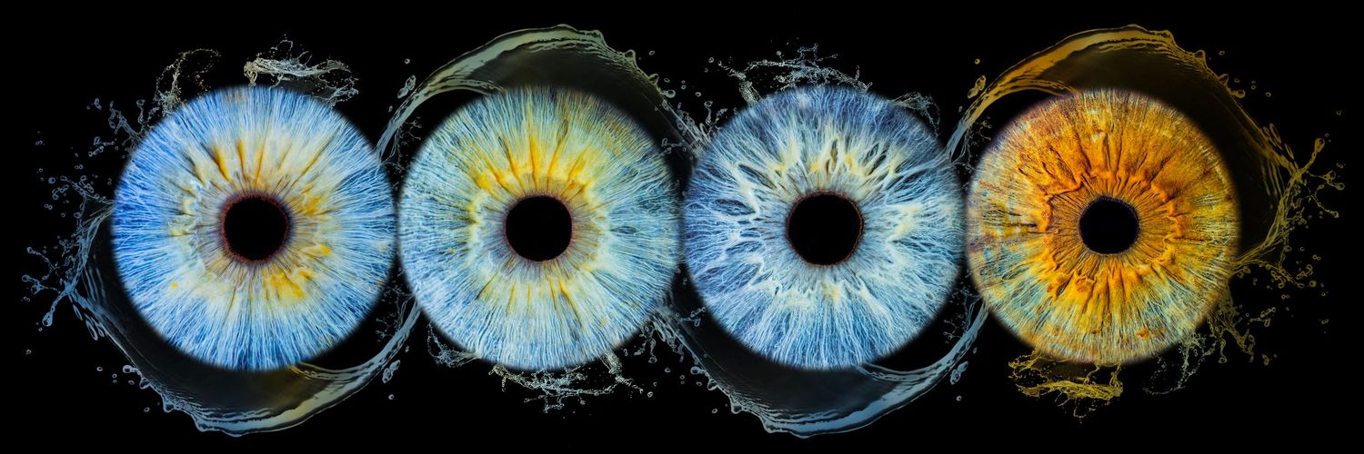 A striking macro photograph shows four iris patterns in blue and amber tones arranged in a row against black background.