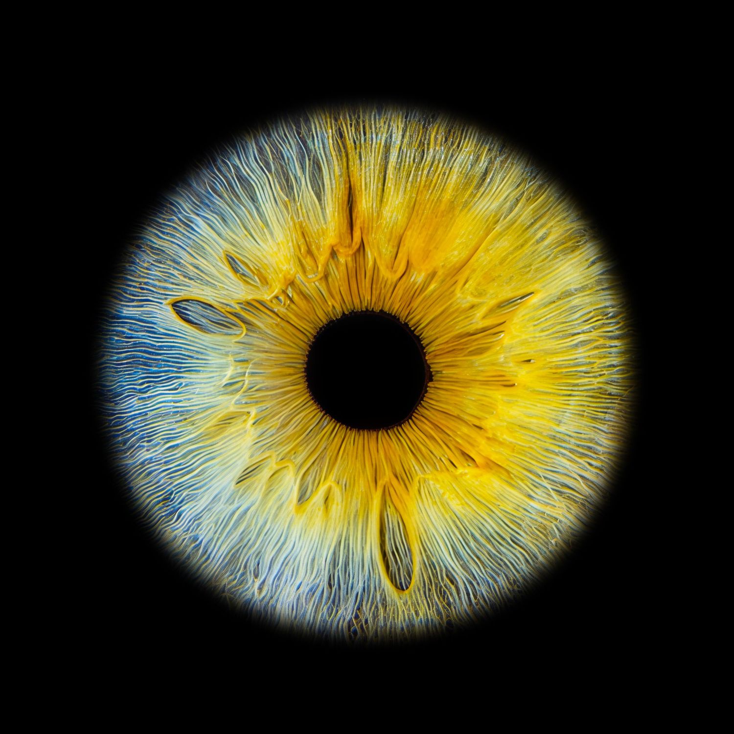 Close-up macro photo of a stunning human eye with vibrant yellow and blue iris on black background.