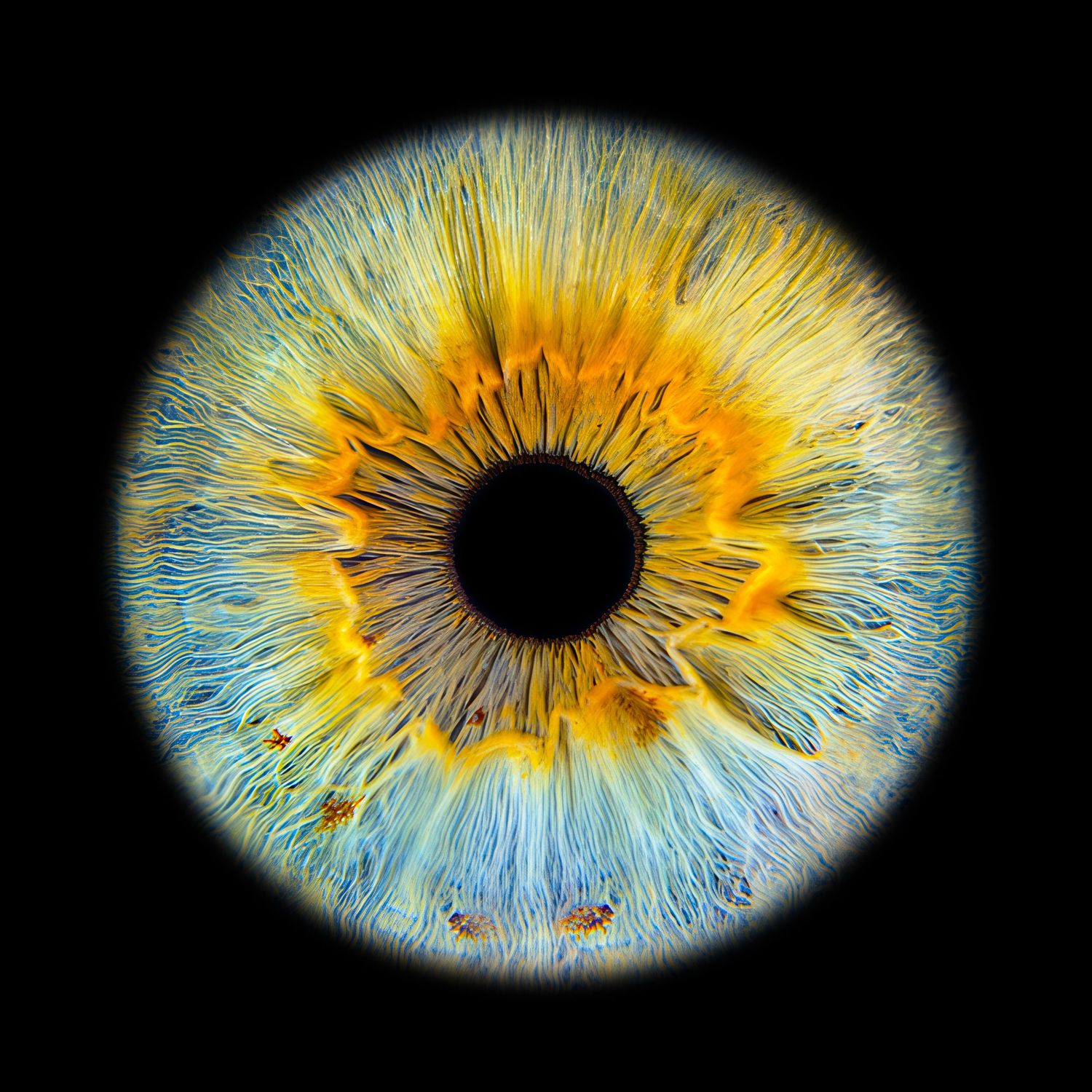 Extreme close-up macro photo of a human eye iris showing blue and yellow colors with detailed fibrous texture.