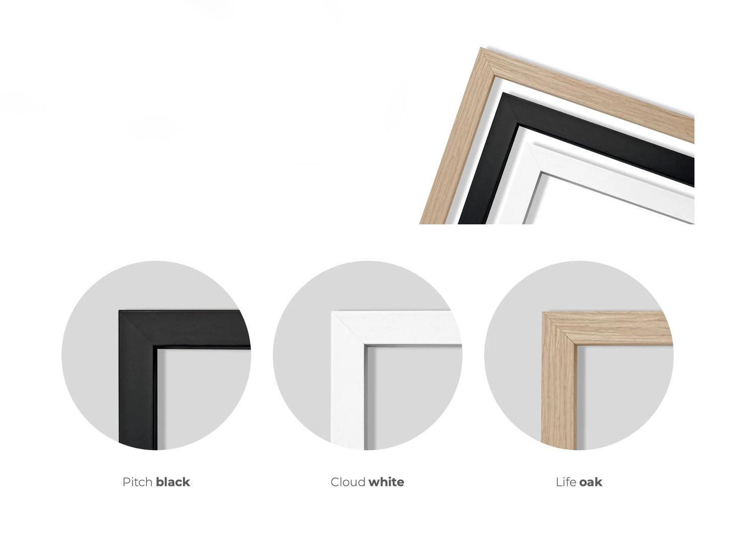 Three corner frame samples shown in black, white, and oak finishes with minimalist design.