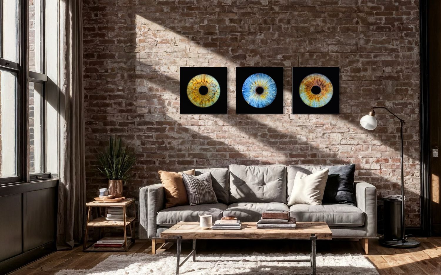 Modern living room interior with grey sofa and artistic eye photographs displayed on exposed brick wall.