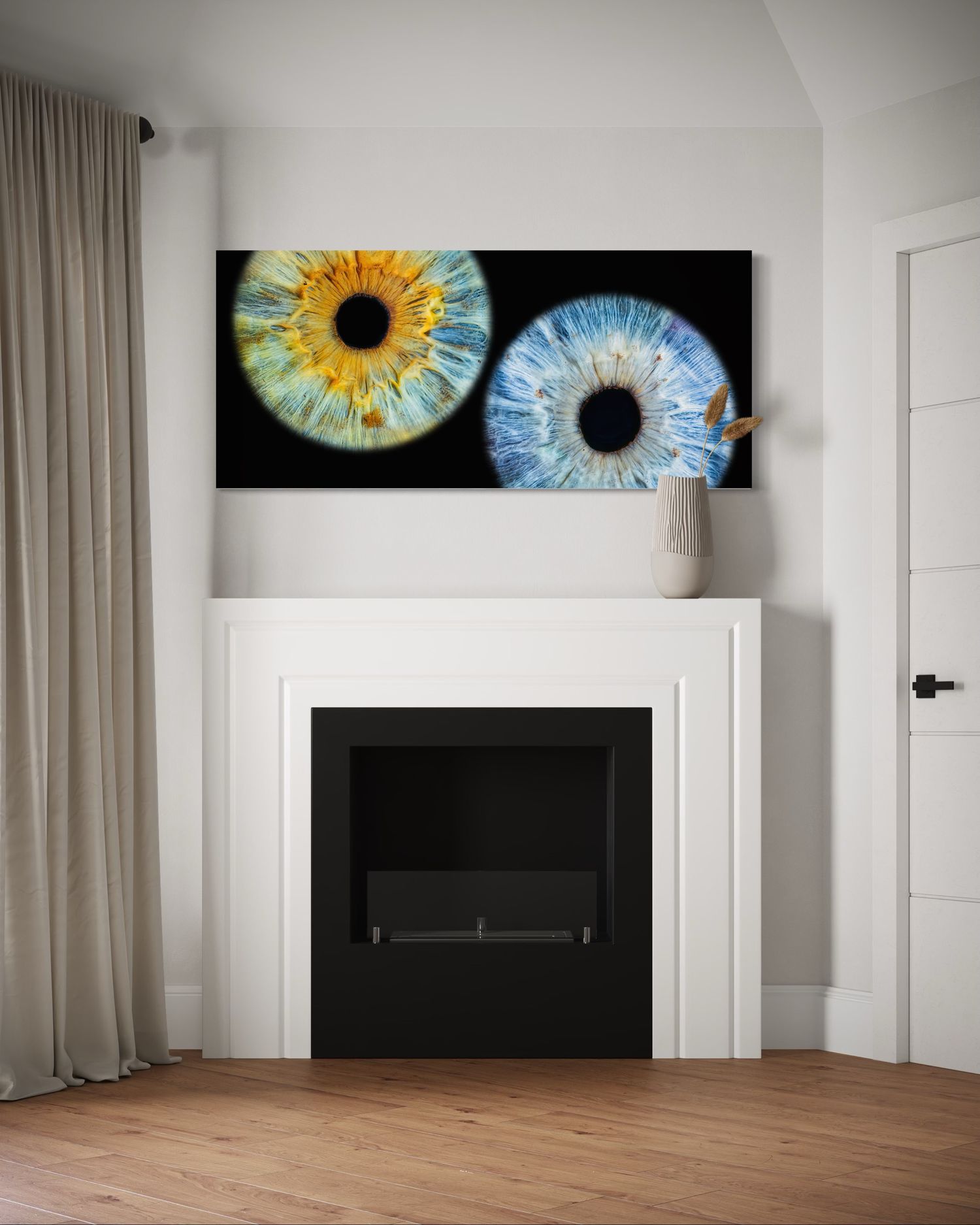 Modern living room with large iris artwork displayed above white fireplace mantel.
