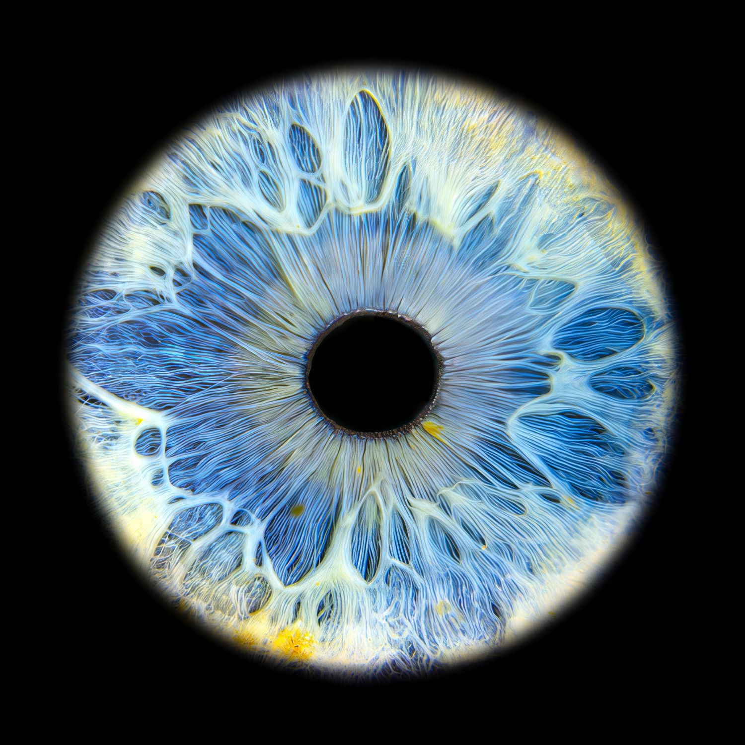 Extreme macro close-up of a blue human iris with intricate patterns and textures on black background.
