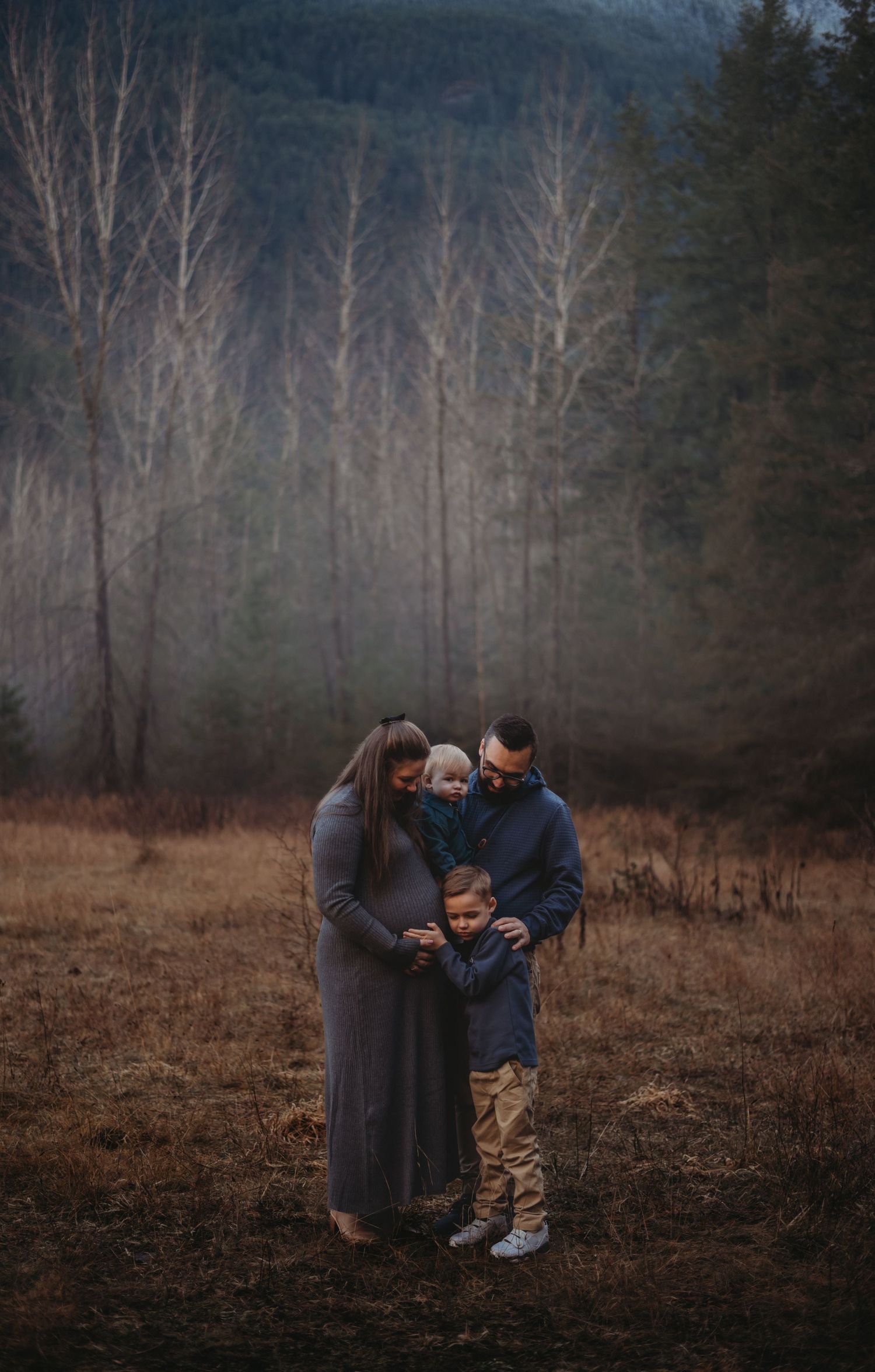 Family of four with pregnant mother in gray dress embracing children in misty forest field.