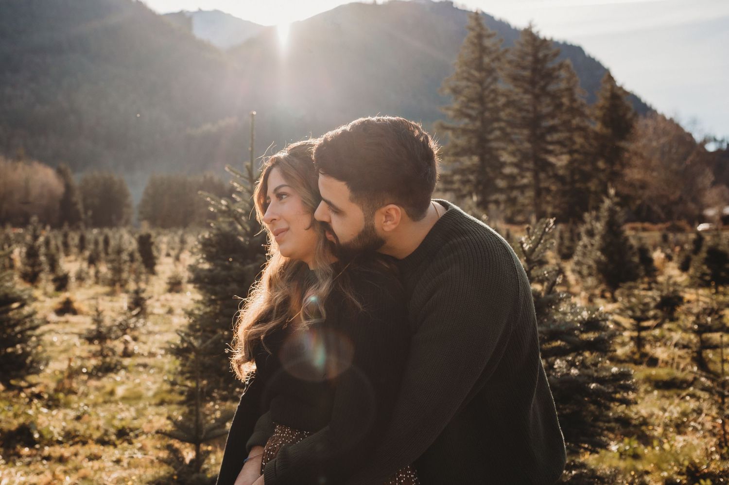 Romantic couple embracing in a sunlit Christmas tree farm with mountains in the background.