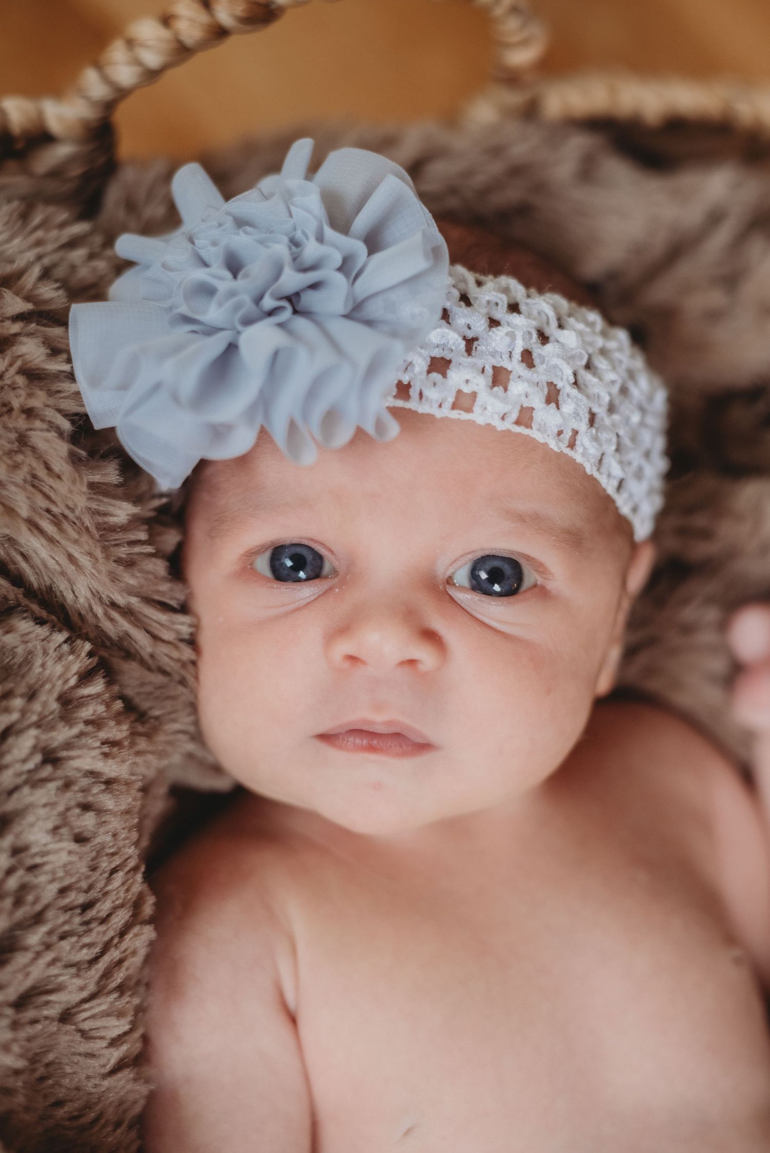 Adorable newborn baby girl wearing a white crochet headband with a blue bow flower.