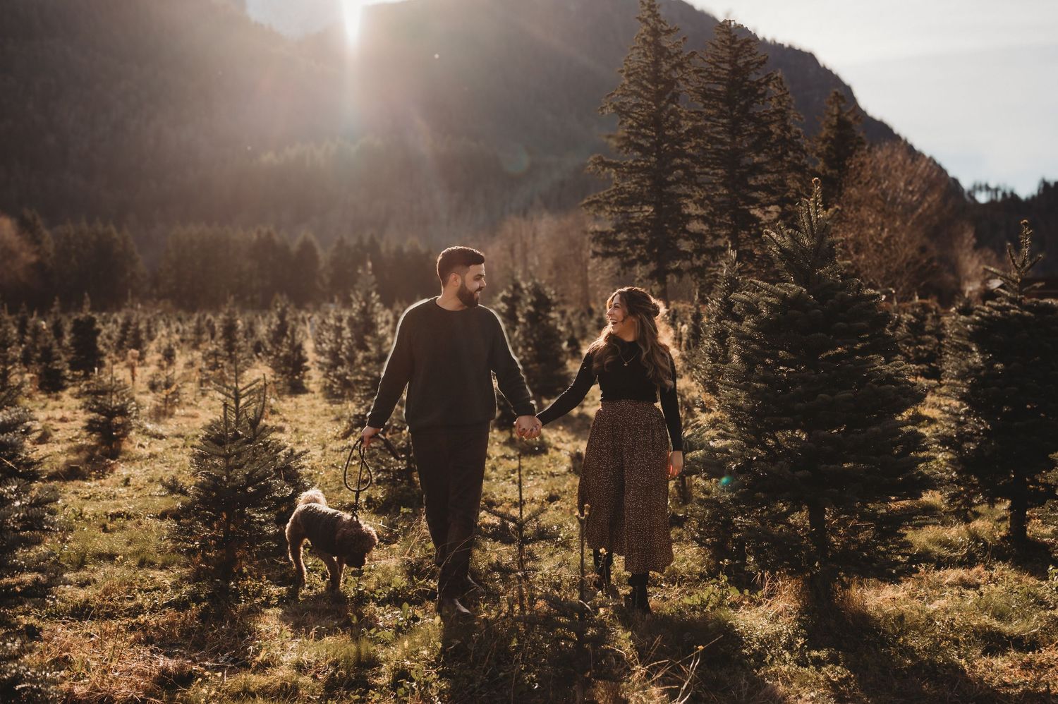 Couple holding hands and walking through a Christmas tree farm with a dog and mountain views.