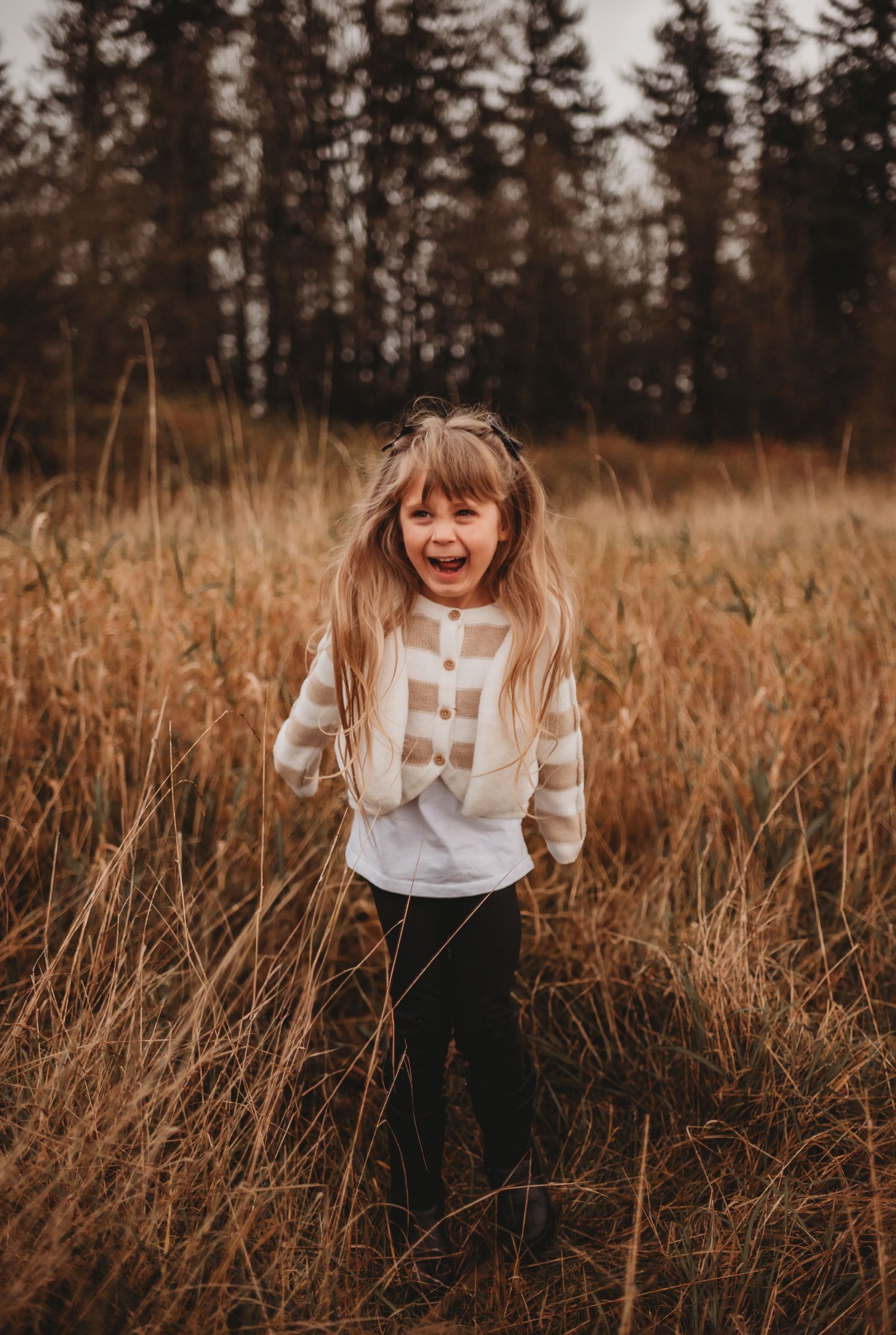 Joyful little girl laughing in golden tall grass field with forest backdrop.