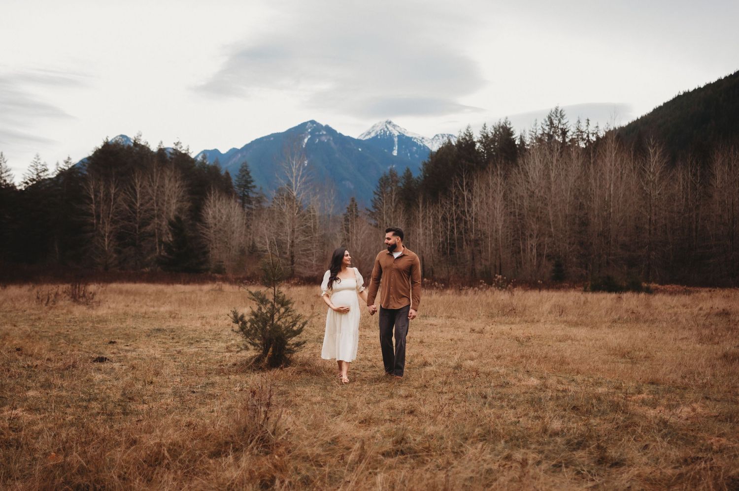 Expecting couple holding hands in autumn mountain meadow with snow-capped peaks backdrop.