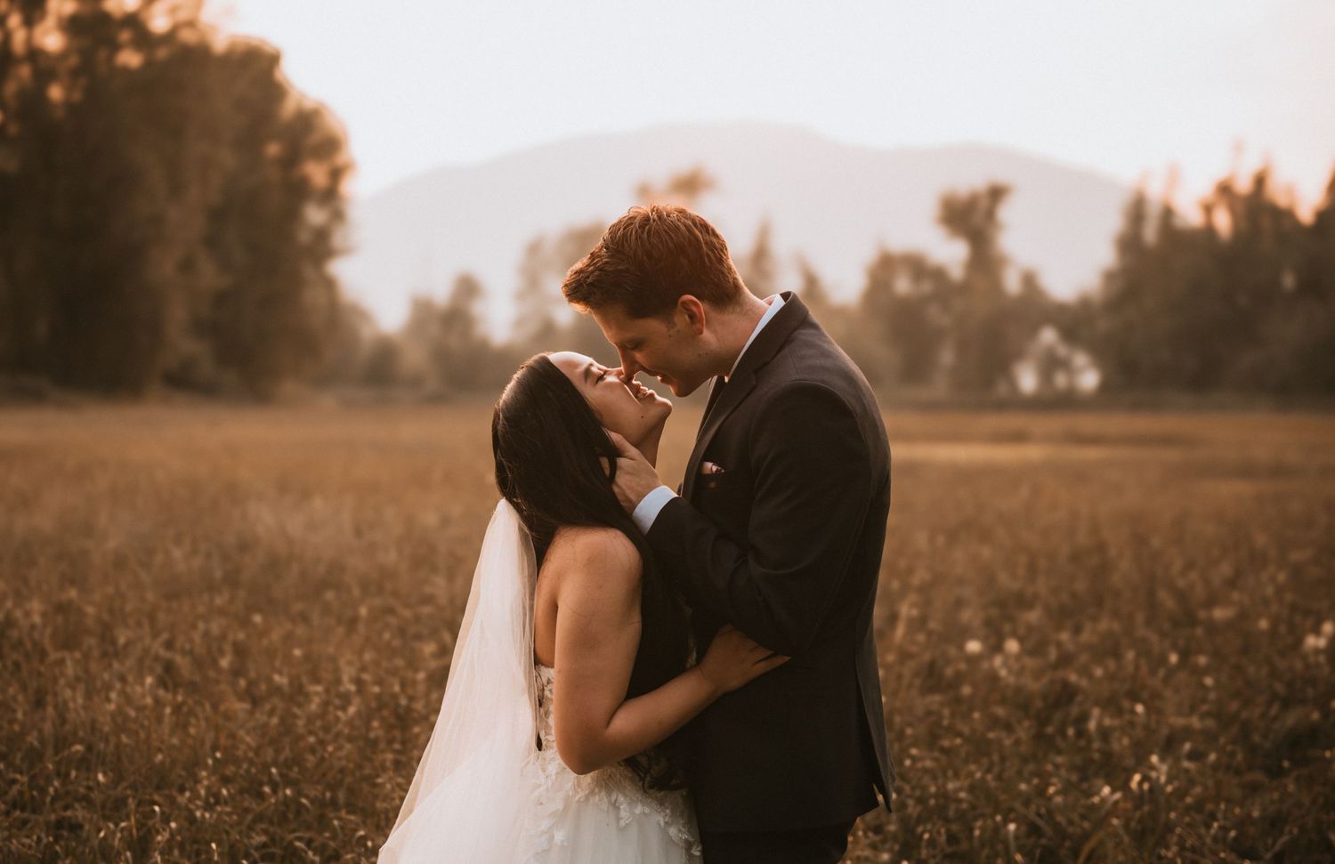 Bride and groom holding each other close in warm golden field with mountain backdrop at dusk.