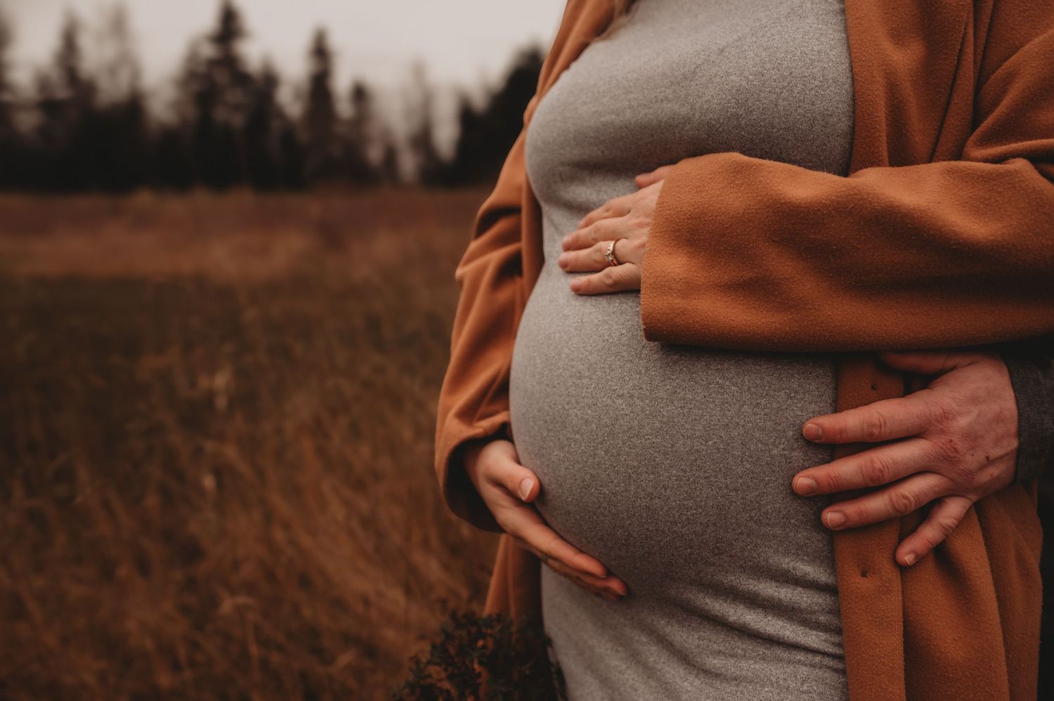 Close-up of pregnant woman in gray dress and camel coat cradling baby bump in field.