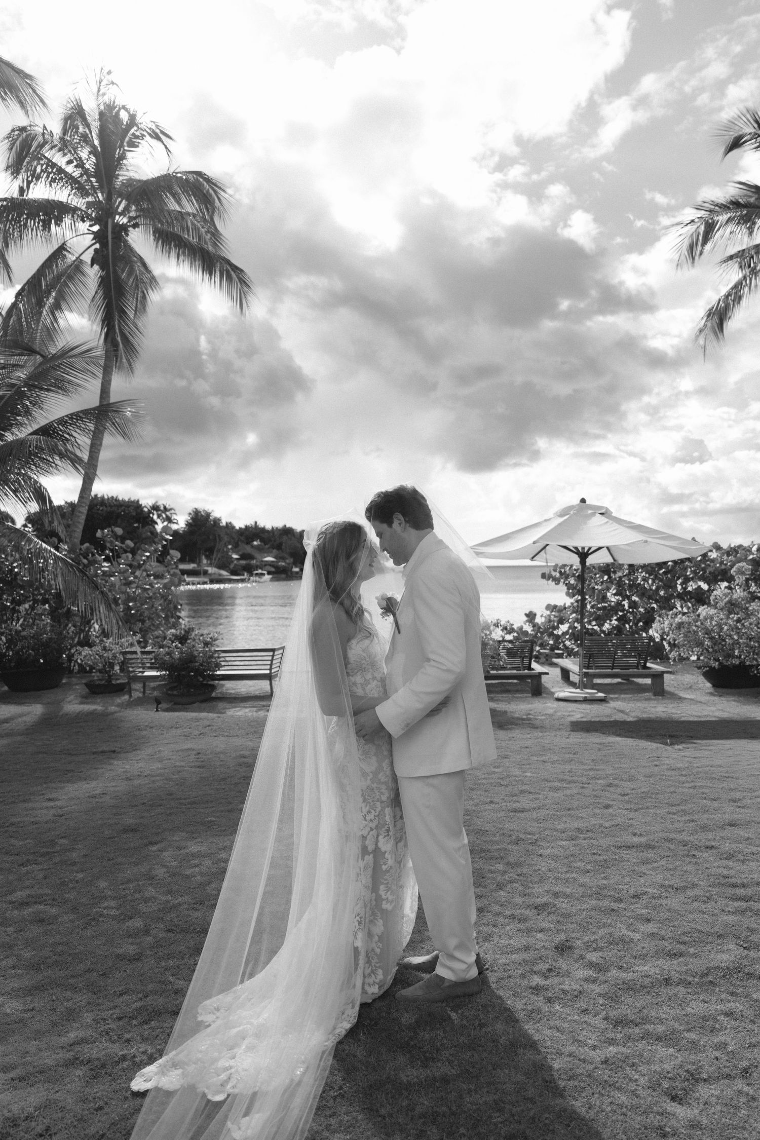 Black and white wedding photos show a romantic moment between newlyweds on a tropical lawn with palm trees at sunset.