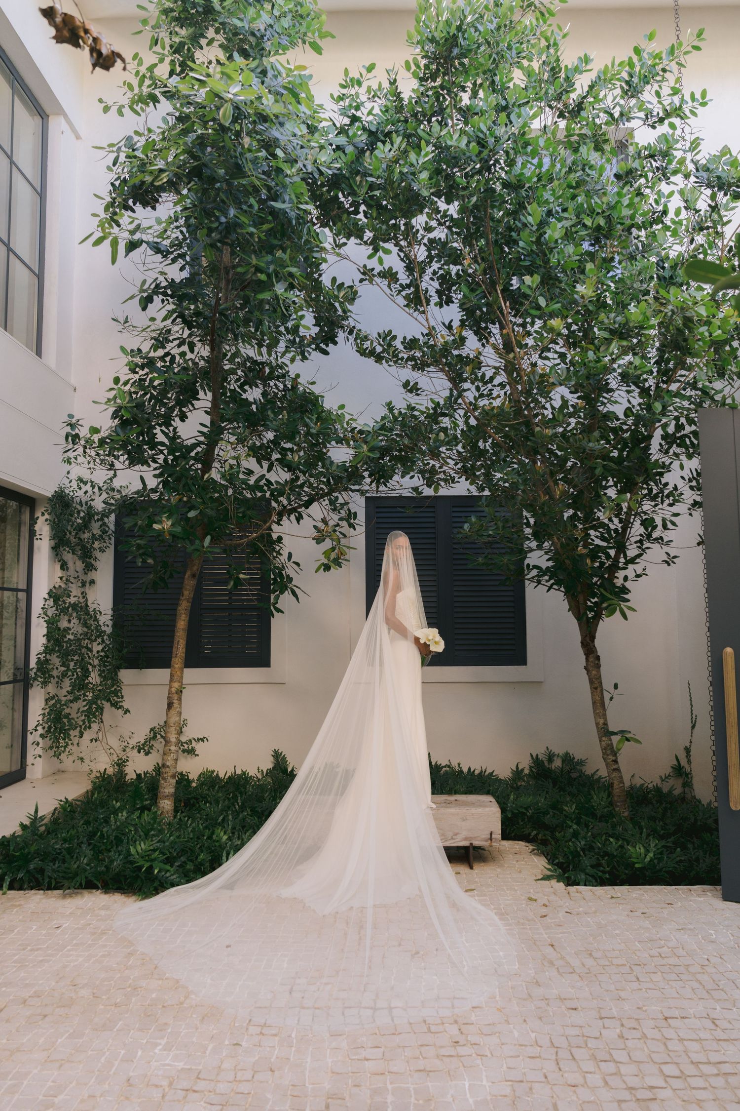 A flowing cathedral-length veil drapes elegantly in a courtyard with green trees and a white stucco building facade.