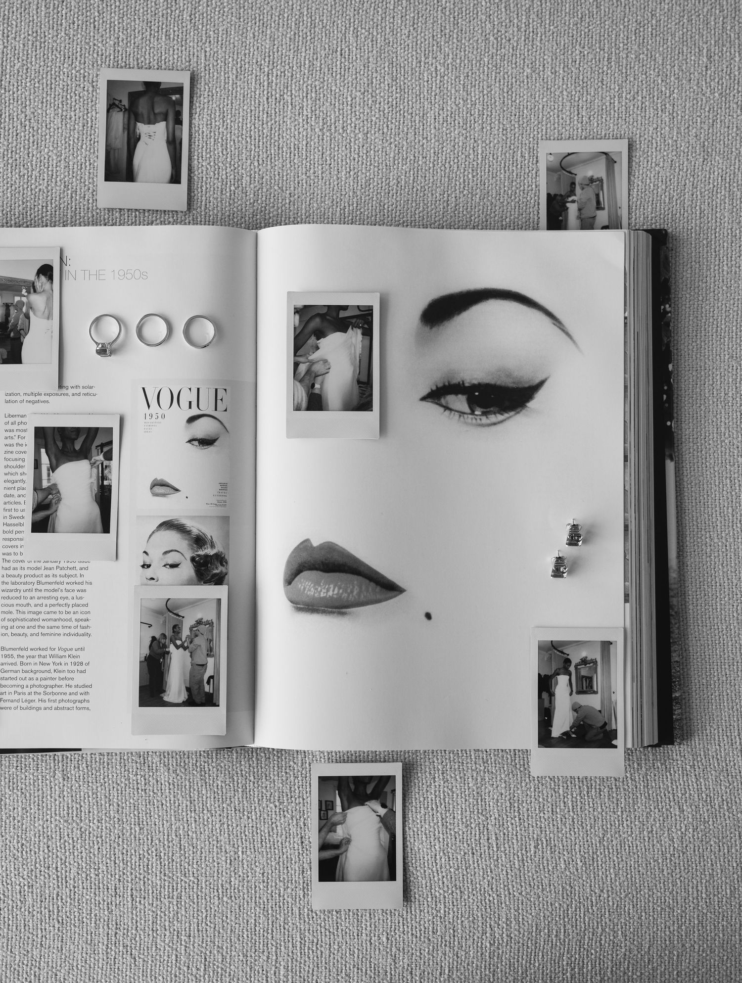 Open Vogue magazine spread showing artistic makeup illustrations with Polaroid photos arranged around black and white beauty sketches.