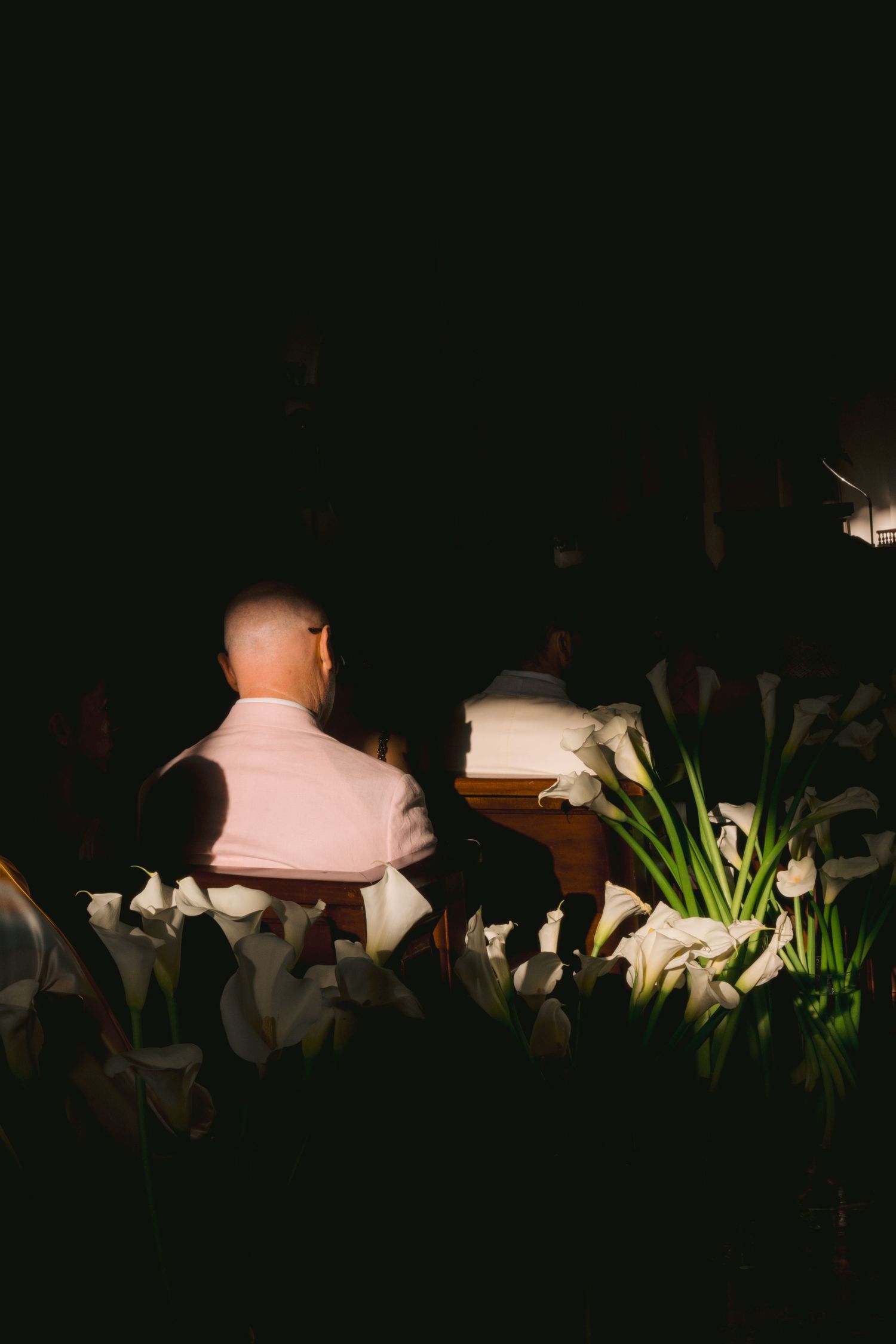 A person in pink attire sits among white flowers in a dimly lit garden setting with dramatic lighting.