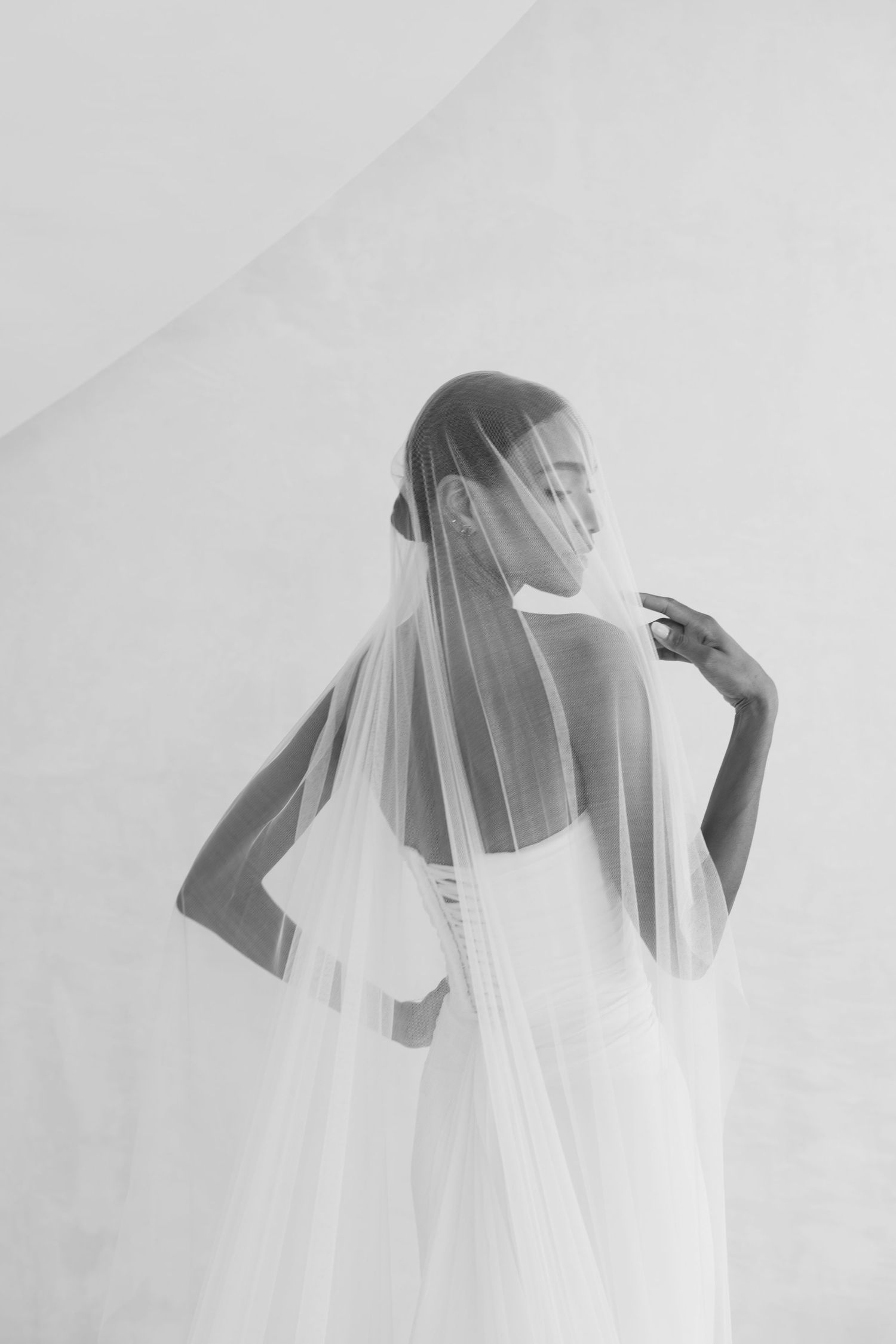 Elegant bridal portrait in black and white showing silhouette behind sheer veil with dramatic lighting and minimalist style.