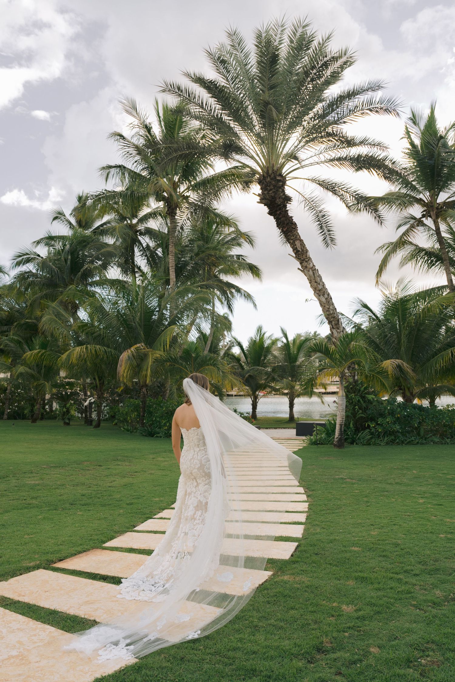 A long flowing wedding veil trails across a palm-lined pathway in a tropical garden setting.