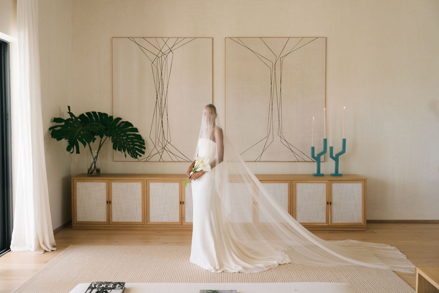 A side view of wedding gown with flowing cathedral veil against minimalist room with geometric art and green plant.