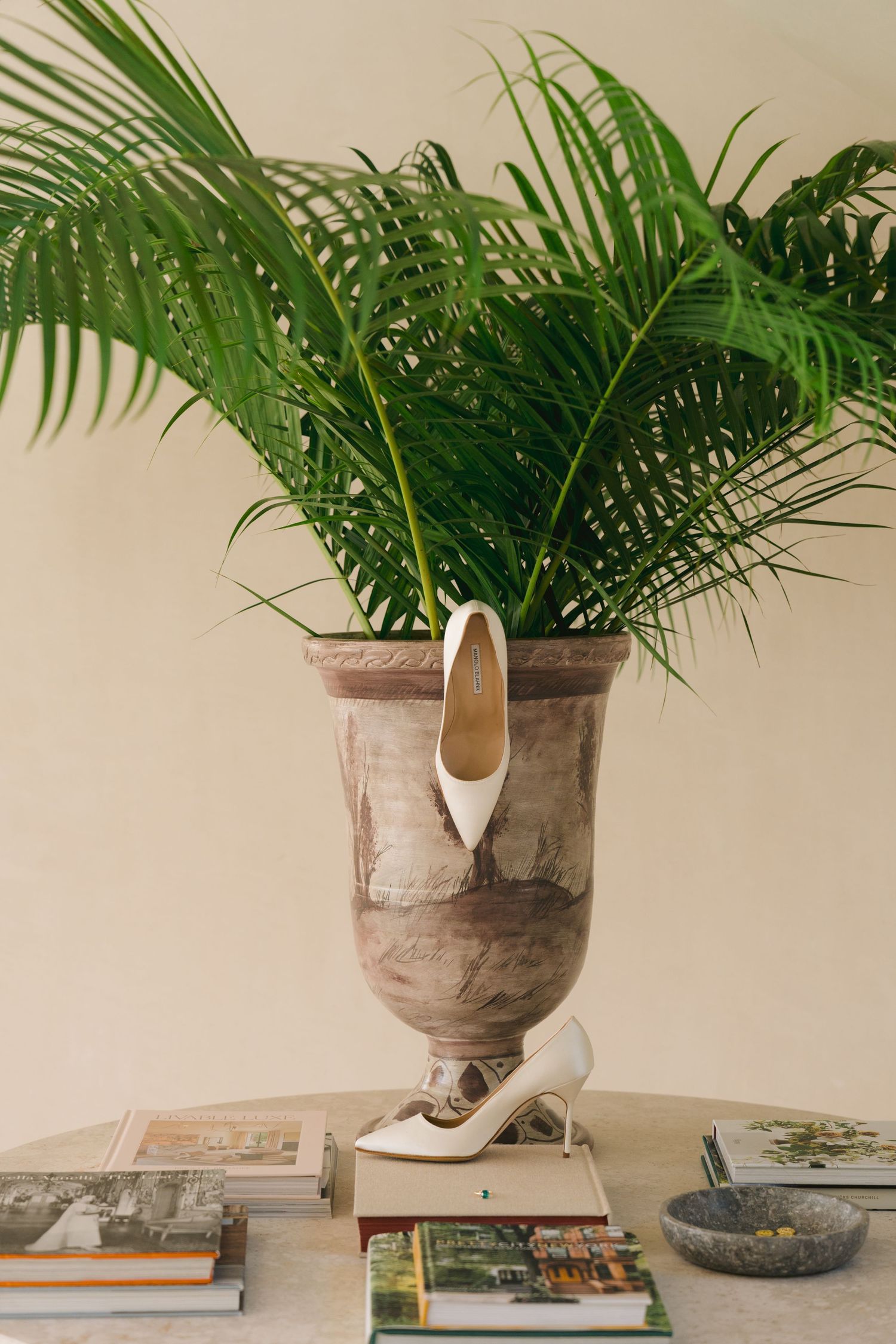 A potted palm plant in an elegant urn vase sits atop vintage books and magazines on a beige surface.