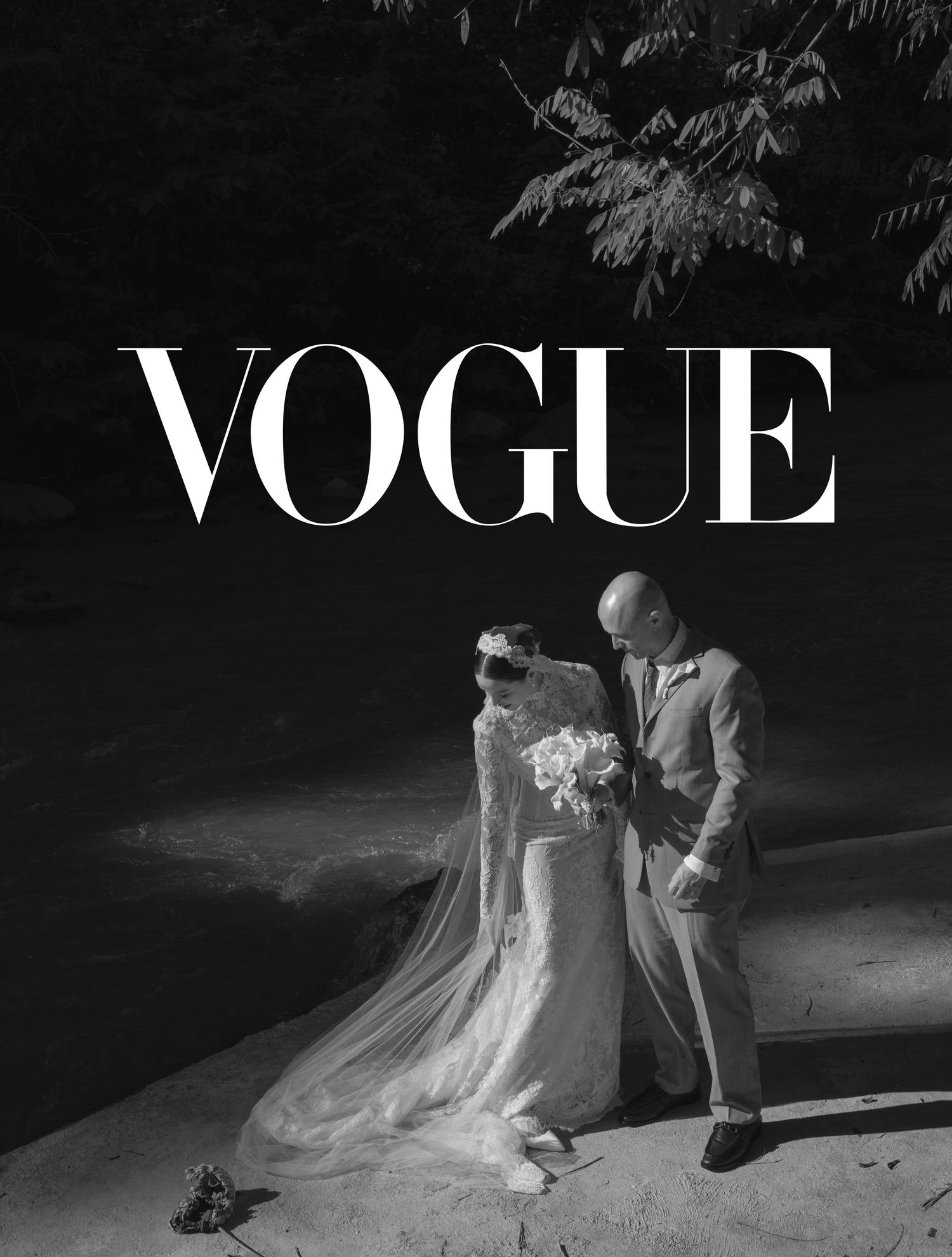 Vintage-style Vogue magazine wedding photo with couple standing in dramatic lighting.