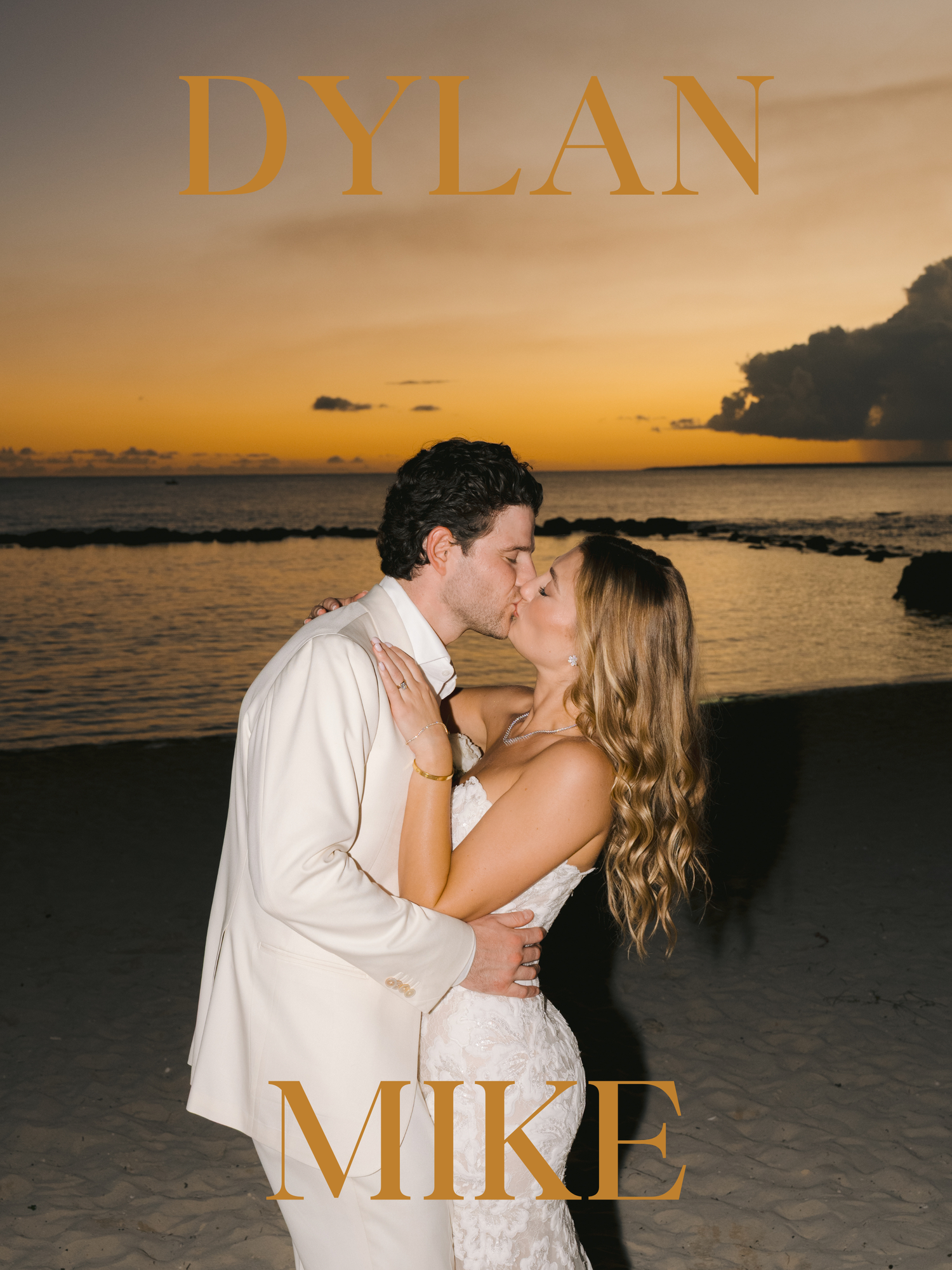 A romantic beach wedding photo series showing a couple sharing intimate moments at sunset by the ocean.