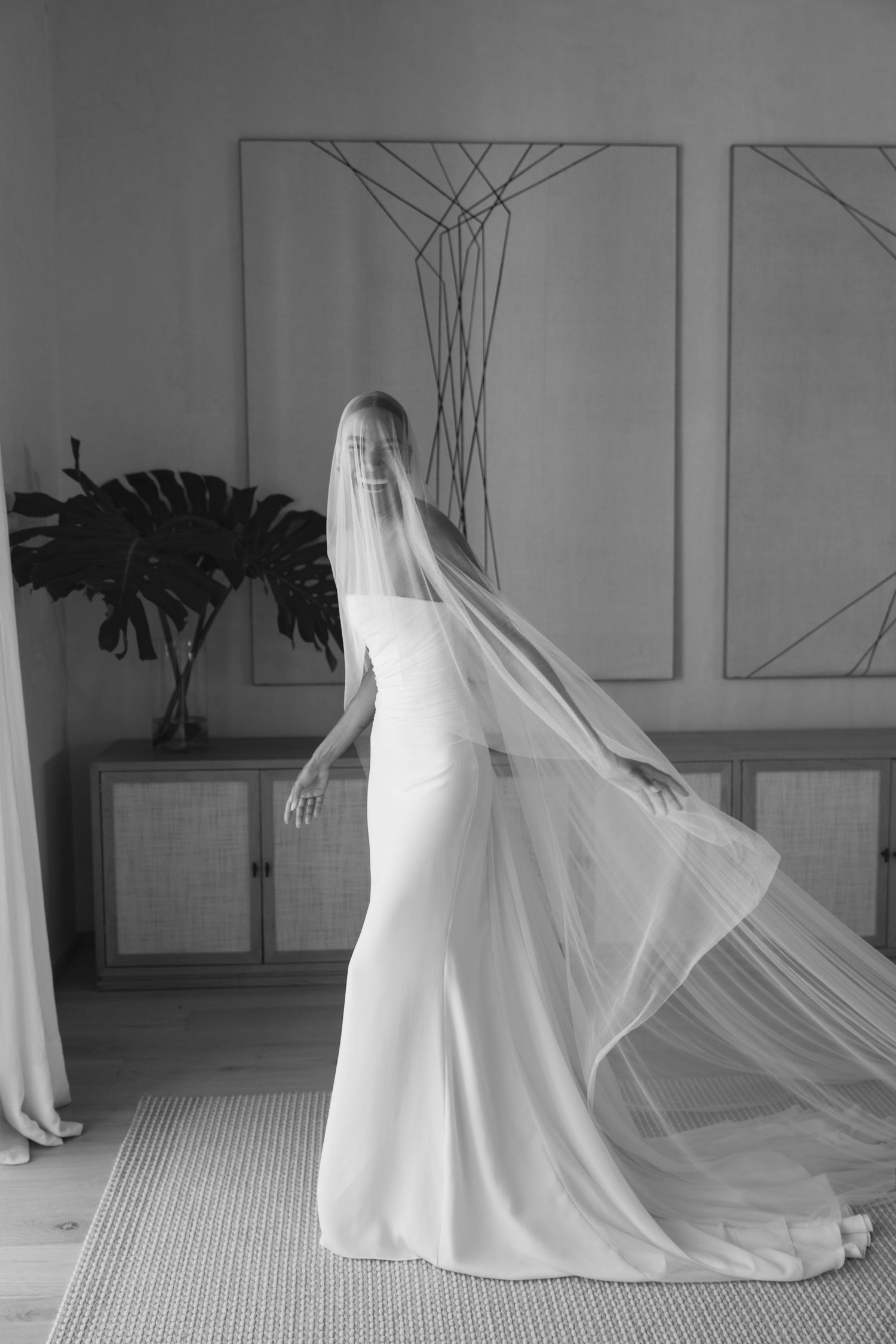 Elegant wedding gown with flowing veil captured in black and white with minimalist decor and a monstera plant.