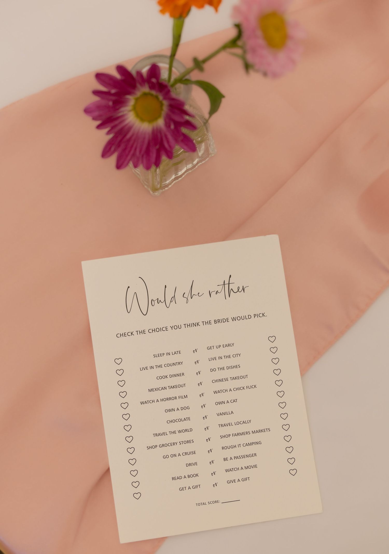 bridal shower game on table