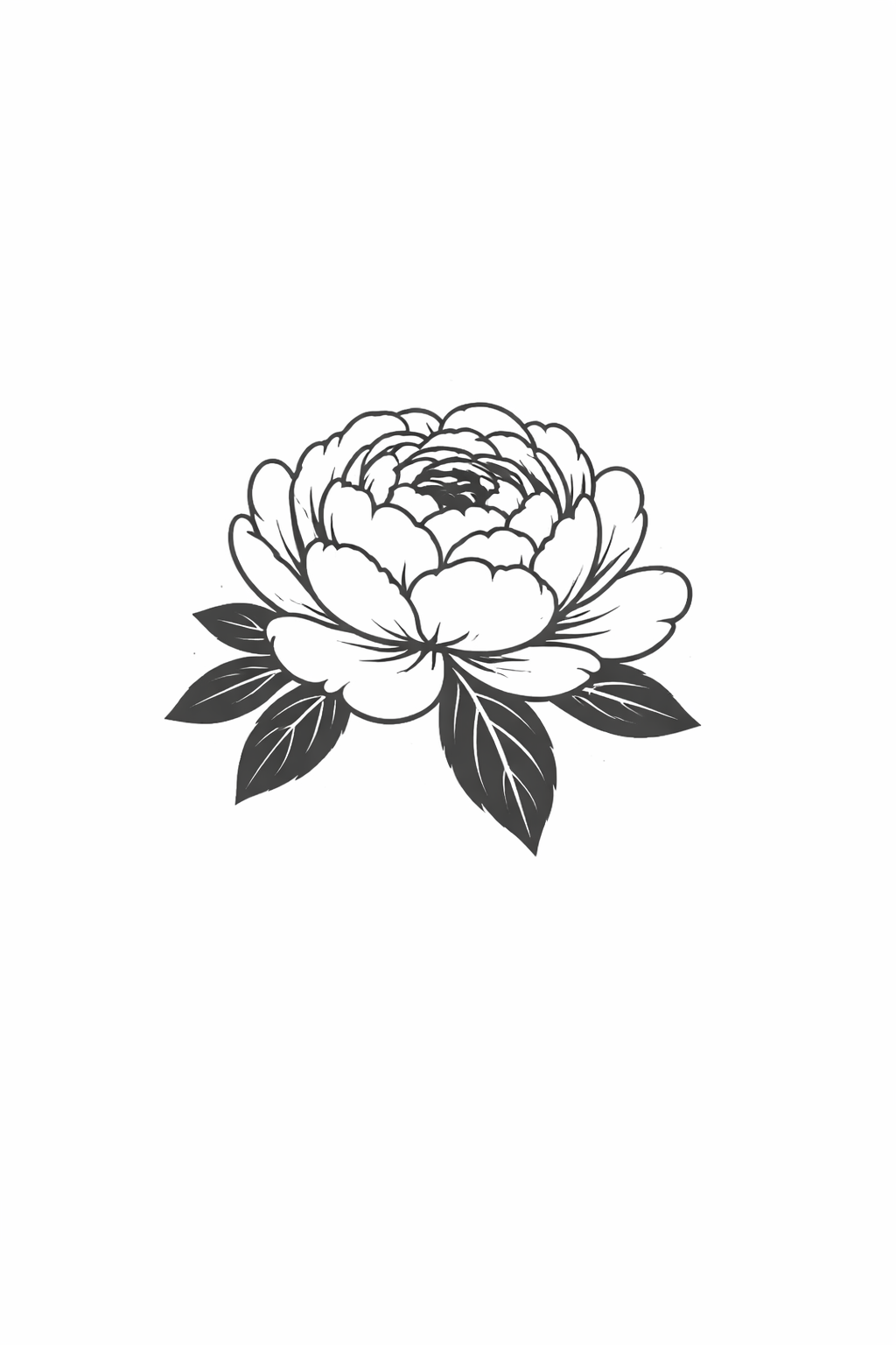 A delicate black and white illustration of a peony flower with petals and leaves in a simple, elegant design style.