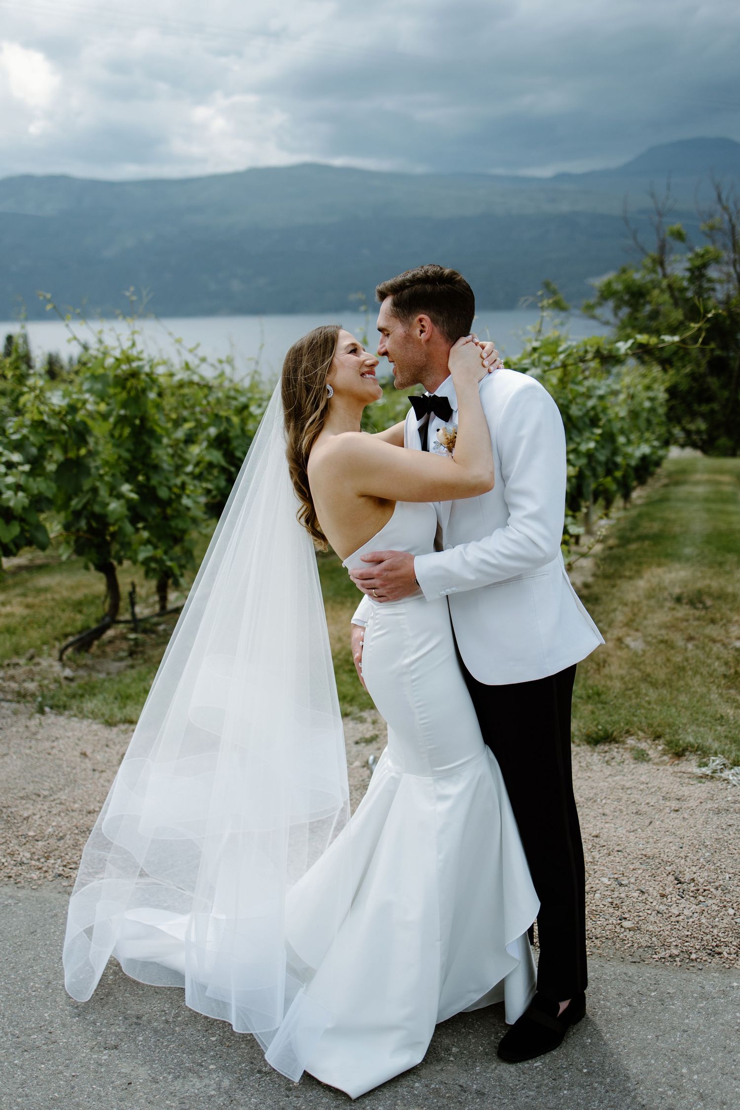 Wedding couple embracing in vineyard with dramatic mountain landscape.